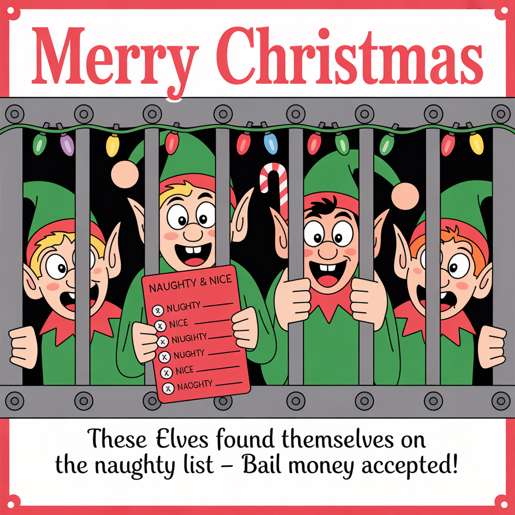  elves in jail with human faces, and Christmas Card