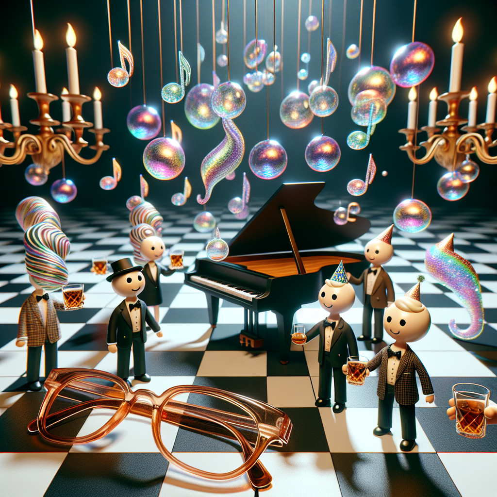 A delightful, animated representation of a birthday party happening on a chessboard backdrop. On this surreal landscape, iridescent musical notes float around a centerpiece grand piano whimsically. Decorative eyeglasses, creatively styled to suggest refined elegance, dot the setting. Cartoon characters dressed in smart evening attire mingle and interact, holding small, generic brown glass whiskey bottles and mimicking the act of toasting. The jovial atmosphere indicates that this gathering is a celebration of a special occasion.
Generated with these themes: Chess, Piano, Specsavers, Jack Daniels, Disaronno, and Black Tie Suit.
Made with ❤️ by AI.