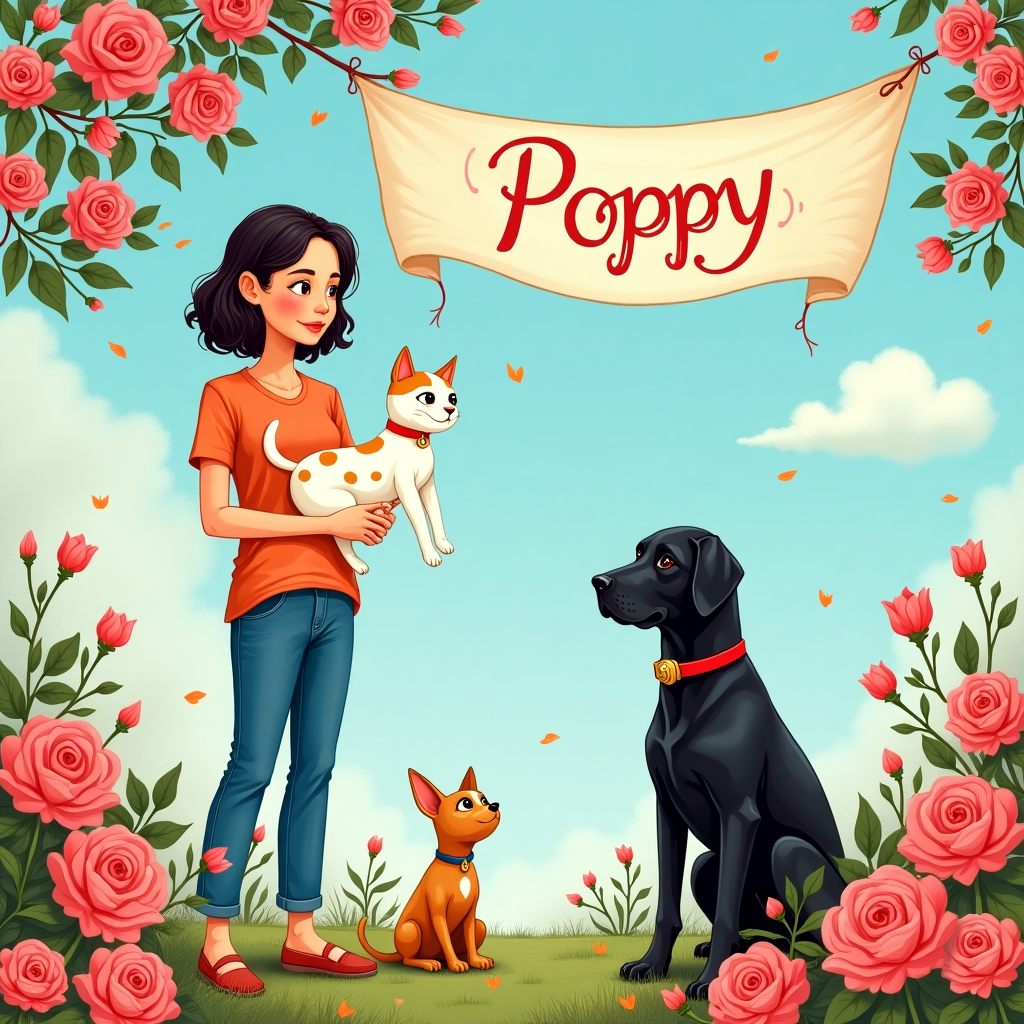 The front cover of the birthday greeting card is a vibrant and detailed hand-drawn illustration bursting with charm and whimsy. In the foreground, a spirited Thai lady stands confidently, dressed in chic jeans and a vibrant top. Her posture is dynamic, suggesting movement as she gently holds a slender white cat adorned with ginger spots. The cat's collar is a striking red, complete with a small golden bell that glints in the light.

Beside her, an English man stands, wearing a crisp blue shirt that complements his neatly trimmed short ginger beard. His expression is one of mild surprise, perhaps amused by the scene around him.

On the ground, at the lady's feet, a tiny ginger Chihuahua with perked ears appears lively and full of energy. Next to it, a majestic Black Labrador sits obediently, its glossy coat catching the light in a way that highlights its sleek lines.

Throughout the scene, clusters of delicate pink roses in full bloom add splashes of color, their petals intricately detailed with soft gradients of pink and white. The roses appear to weave through the scene, framing the characters with their natural beauty.

In the background, a whimsical banner unfurls in the sky, playfully curving with the breeze. On it, the word "Poppy" is prominently displayed in an elegant script, resembling the carefree trails of a summer cloud. The banner flutters against a soft azure sky, where a few fluffy clouds drift lazily by.

The illustration style draws inspiration from the intricate detailing of Aubrey Beardsley combined with the storytelling vibrancy of Norman Rockwell. There's a nod to Beatrix Potter in the anthropomorphic presence of the animals, while the playful energy channels Quentin Blake's exuberance.

Overall, the scene is bustling with life and detail, inviting the viewer to linger and discover the charming narrative woven into the birthday celebration.
Generated with these themes: Thai lady in jeans, English man in blue shirt and short ginger beard, Lady has White skinny cat with ginger spots with red collar and bell, Lady has Small ginger chihuahua  dog, Lady has Black labrador, and Pink roses.
Made with ❤️ by AI.