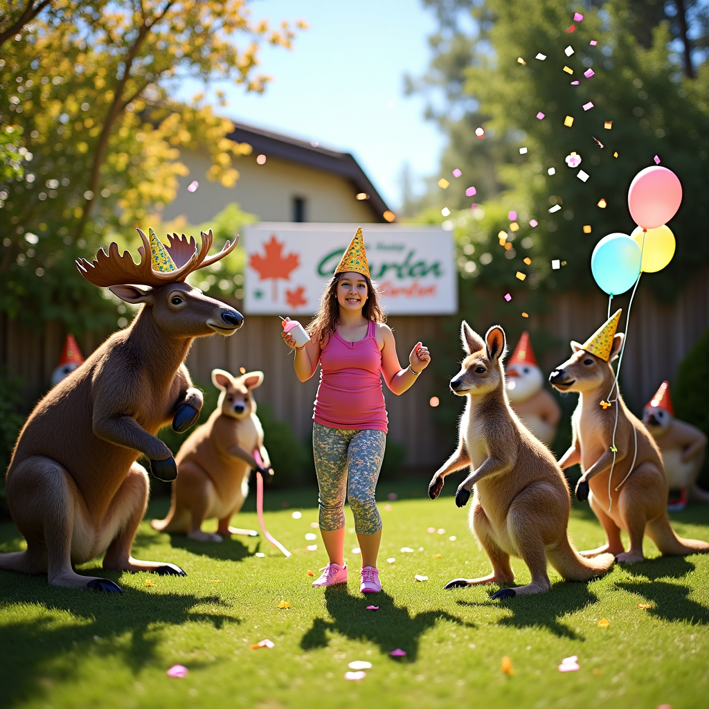 At the top of the realistic photograph image, “Happy Birthdaaaaay, Mirella! Time to Zumba with the kangaloons and moose-mallows!”

Realistic photographic image prompt:  
A sunny backyard garden split between two climates—one side lush and green with iconic Canadian touches like a lounging moose in a party hat and maple leaf streamers; the other side dry and golden with an Aussie flair—kangaroos in yoga pants mid-Zumba, holding birthday balloons. Mirella (mid-dance), is in the middle in activewear, holding a watering can shaped like a didgeridoo, surrounded by disco garden gnomes wearing Mountie hats and cork hats. Birthday cake on a barbie sizzles with sparklers in the background, and confetti flies through the air as birds (a kookaburra and a Canada goose) dance beside a “Zumba Garden Party!” banner. The lighting is vibrant, midday sun, with rich details emphasizing the funny absurdity.
Generated with these themes: Garden, Zumba, Australia, and Canada.
Made with ❤️ by AI.