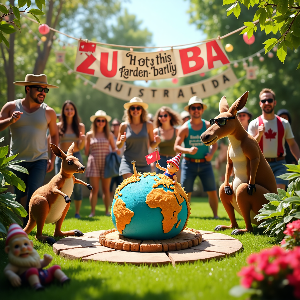 At the top of the realistic photograph image: "Happy Birth-ZUMBA, Mirella—shaking it Aussie-Canuck style in the garden!"

Prompt for a realistic, funny birthday-themed photograph-style image:

A bright, sunlit backyard garden with an eclectic mash-up of Canadian and Australian details—on one side of the garden is a lounging kangaroo wearing a party hat and sweatbands, doing a clumsy Zumba move; on the other side, a moose in sunglasses tries to mirror the dance from a garden boom box blaring Zumba music. In the center, a group of enthusiastic partygoers (mixed Australian and Canadian attire: someone in a Mountie uniform doing lunges, another in a cork hat and “Happy Birthday” tank top) join in a chaotic garden Zumba session surrounded by gum trees, maple leaves, gnomes waving flags, and a banner made of eucalyptus and maple leaves that says "Let’s get this garden party groovin’!". A birthday cake shaped like a globe with Canada and Australia connected by a tiny Zumba dancer tops it all off. The overall style is high-resolution, realistic photograph—think quirky stock photography meets National Geographic party.
Generated with these themes: Garden, Zumba, Australia, and Canada.
Made with ❤️ by AI.