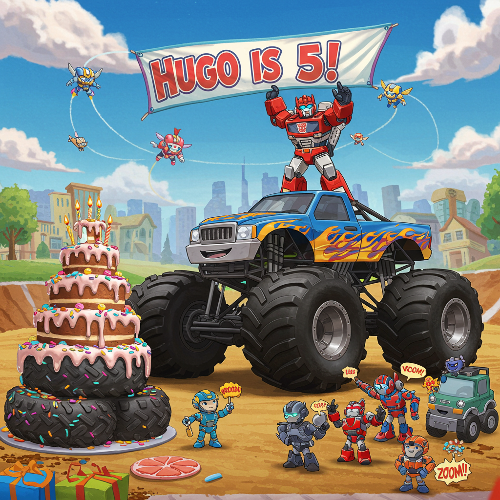 The scene bursts with vibrant, cartoonish energy, combining the thrilling worlds of Transformers and monster trucks, all centered around a larger-than-life birthday celebration.

**Foreground:**  
At the center, a colossal, candy-colored monster truck stands tall, its wheels exaggeratedly enormous and detailed with intricate treads and bright hubcaps. The truck is painted in vibrant blues and yellows, with a bold flame decal racing down its sides. Perched atop the hood is a friendly Transformer, designed with an anime-inspired flair—think shiny metallic reds and silvers with intricate mechanical details and angular, expressive eyes that seem to glint with playfulness. The Transformer holds up a large, brightly-colored banner that reads, "Hugo is 5!" in bold, bubbly letters, reminiscent of a comic strip style.

**Background:**  
Behind this dynamic duo, a whimsical cartoon cityscape unfolds, with quaint, slightly exaggerated buildings that lean playfully to one side, like a scene from Schulz or Watterson. The sky above is a swirl of cartoon clouds, fluffy and inviting, against a backdrop of a radiant blue sky dotted with little flying Transform-like creatures that swoosh across, leaving trails of rainbow sparkles.

**Details:**  
To the left, a birthday cake tower made from a stack of monster truck tires covered in frosting and sprinkles stands proudly. Each tire layer is in a different bright color, with frosting dripping down deliciously. A series of quirky candles shaped like miniature robots flicker atop the cake. To the right, a group of smaller monster trucks and robot characters gather, each with distinct, exaggerated features, reminiscent of McCay’s dreamlike style, cheering with tiny speech bubbles that say "Vroom!" and "Zoom!" in comic fonts.

**Colors and Style:**  
The overall color palette is bold and saturated, leaning into bright primary colors with splashes of metallic hues for the robots. The style is a fusion of playful exaggeration and detailed precision, capturing the essence of childhood wonder and mechanical marvels in a joyful birthday bash, echoing the playful chaos and charm found in works by the likes of Eisner or Spiegelman, without veering into adult or dark themes.

This greeting card cover is a celebration of youthful energy and imagination, perfectly capturing the spirit of a five-year-old’s dream birthday world.
Generated with these themes: Transformers and monster trucks.
Made with ❤️ by AI.