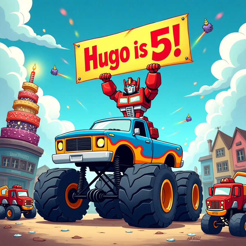 The scene bursts with vibrant, cartoonish energy, combining the thrilling worlds of Transformers and monster trucks, all centered around a larger-than-life birthday celebration.

**Foreground:**  
At the center, a colossal, candy-colored monster truck stands tall, its wheels exaggeratedly enormous and detailed with intricate treads and bright hubcaps. The truck is painted in vibrant blues and yellows, with a bold flame decal racing down its sides. Perched atop the hood is a friendly Transformer, designed with an anime-inspired flair—think shiny metallic reds and silvers with intricate mechanical details and angular, expressive eyes that seem to glint with playfulness. The Transformer holds up a large, brightly-colored banner that reads, "Hugo is 5!" in bold, bubbly letters, reminiscent of a comic strip style.

**Background:**  
Behind this dynamic duo, a whimsical cartoon cityscape unfolds, with quaint, slightly exaggerated buildings that lean playfully to one side, like a scene from Schulz or Watterson. The sky above is a swirl of cartoon clouds, fluffy and inviting, against a backdrop of a radiant blue sky dotted with little flying Transform-like creatures that swoosh across, leaving trails of rainbow sparkles.

**Details:**  
To the left, a birthday cake tower made from a stack of monster truck tires covered in frosting and sprinkles stands proudly. Each tire layer is in a different bright color, with frosting dripping down deliciously. A series of quirky candles shaped like miniature robots flicker atop the cake. To the right, a group of smaller monster trucks and robot characters gather, each with distinct, exaggerated features, reminiscent of McCay’s dreamlike style, cheering with tiny speech bubbles that say "Vroom!" and "Zoom!" in comic fonts.

**Colors and Style:**  
The overall color palette is bold and saturated, leaning into bright primary colors with splashes of metallic hues for the robots. The style is a fusion of playful exaggeration and detailed precision, capturing the essence of childhood wonder and mechanical marvels in a joyful birthday bash, echoing the playful chaos and charm found in works by the likes of Eisner or Spiegelman, without veering into adult or dark themes.

This greeting card cover is a celebration of youthful energy and imagination, perfectly capturing the spirit of a five-year-old’s dream birthday world.
Generated with these themes: Transformers and monster trucks.
Made with ❤️ by AI.