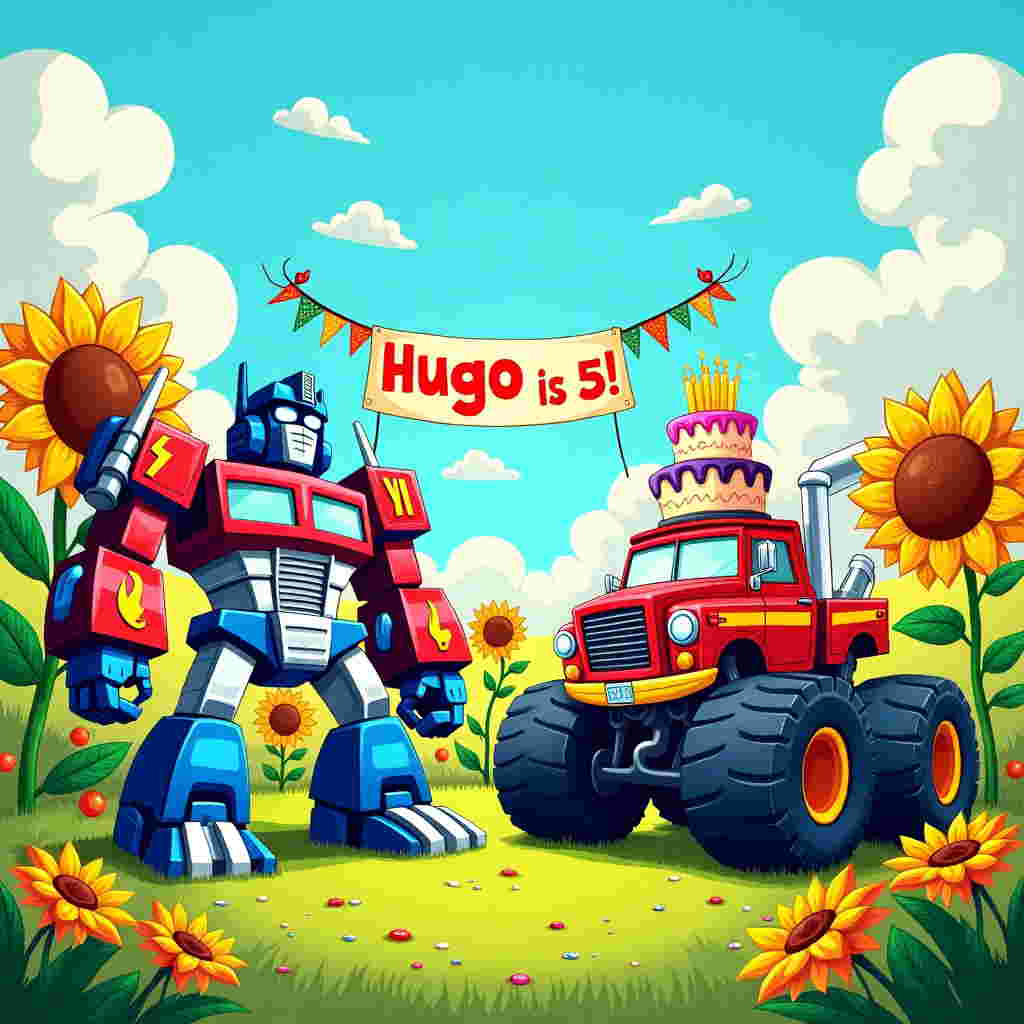 In this vibrant and energetic birthday card scene, picture a fantastical arena where a gigantic, cartoon-style Transformer and a monstrous, whimsical monster truck are having a playful face-off. The Transformer, with oversized, exaggerated features akin to Osamu Tezuka's expressive style, has gleaming metallic blue and silver panels that reflect a playful spectrum of light. Its eyes, like large, round searchlights, gaze at the monster truck with curiosity.

The monster truck is a visual spectacle, painted in a lively palette of red, orange, and yellow, with flamboyant flame decals stretching along its sides. Its wheels are comically large, almost balloon-like, with treads that resemble giant zig-zags. Perched atop the truck’s hood is a chrome exhaust pipe puffing out thick, white cartoonish clouds of exhaust into the bright blue sky.

In the background, reminiscent of Bill Watterson's attention to detail, is a lush, grassy field dotted with colorful, oversized daisies and sunflowers with expressive faces. A cartoonish banner, styled like a string of flags in alternating blue and yellow, stretches between two towering sunflowers. Boldly inscribed on the banner are the words “Hugo is 5!” in a chunky, playful font, each letter bouncing with a life of its own.

A large birthday cake, inspired by R. Crumb's intricate line work, sits to the side, its layers frosted in wild swirls of pink and green, crowned with five exaggerated, flickering candles. Sprinkles scatter around the base like confetti, adding to the festive chaos.

Above, a clear, sunny sky spreads across the background, dotted with fluffy, cartoon clouds reminiscent of Charles Schulz's Peanuts, with some shaped whimsically like gears and cogs in a nod to the Transformer theme. This animated birthday arena bursts with color, detail, and a sense of playful celebration perfect for Hugo’s special day.
Generated with these themes: Transformers and monster trucks.
Made with ❤️ by AI.