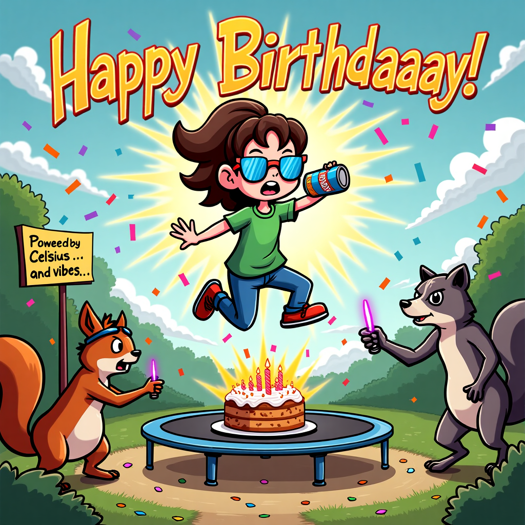 **Prompt:**

At the top of the cartoon image, *Happy Birthdaaaay, Stephanie – You're Powered by Celsius and Bad Decisions!*

Create a cartoon image of a wildly energetic birthday party scene, with Stephanie at the center — mid-air, launched off a trampoline while chugging a can of Celsius Energy drink. She’s wearing party sunglasses, confetti is flying everywhere, and she has a look of surprise and exhilaration on her face. Around her, animals (a jittery squirrel, a goose with glow sticks, and a raccoon DJ with headphones) are partying like they’ve all had too much caffeine. One corner shows a sign: “Powered by Celsius… and vibes.” Add exaggerated cartoon energy lines, a disco ball, and a birthday cake exploding like a firework. The overall tone is absurd, over-the-top, and bursting with chaotic, energetic fun.
Generated with these themes: Celsius energy drink.
Made with ❤️ by AI.