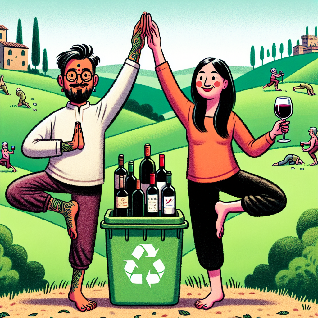Illustrate a whimsical cartoon showcasing a South Asian man and a Caucasian woman marking their anniversary amidst the scenic rolling green hills of Italy. Depict them playfully attempting the tree pose, a common yoga position, with one of their arms entwined in unity. In their free hands, show them each holding raised wine glass in a celebratory manner. In the distant background, add a detail of a recycling bin filled to the brim with empty wine bottles, subtly implying their commitment to environmental conservation as well as their shared taste for fine wine.
Generated with these themes: Yoga, Recycling, Wine, and Italy.
Made with ❤️ by AI.