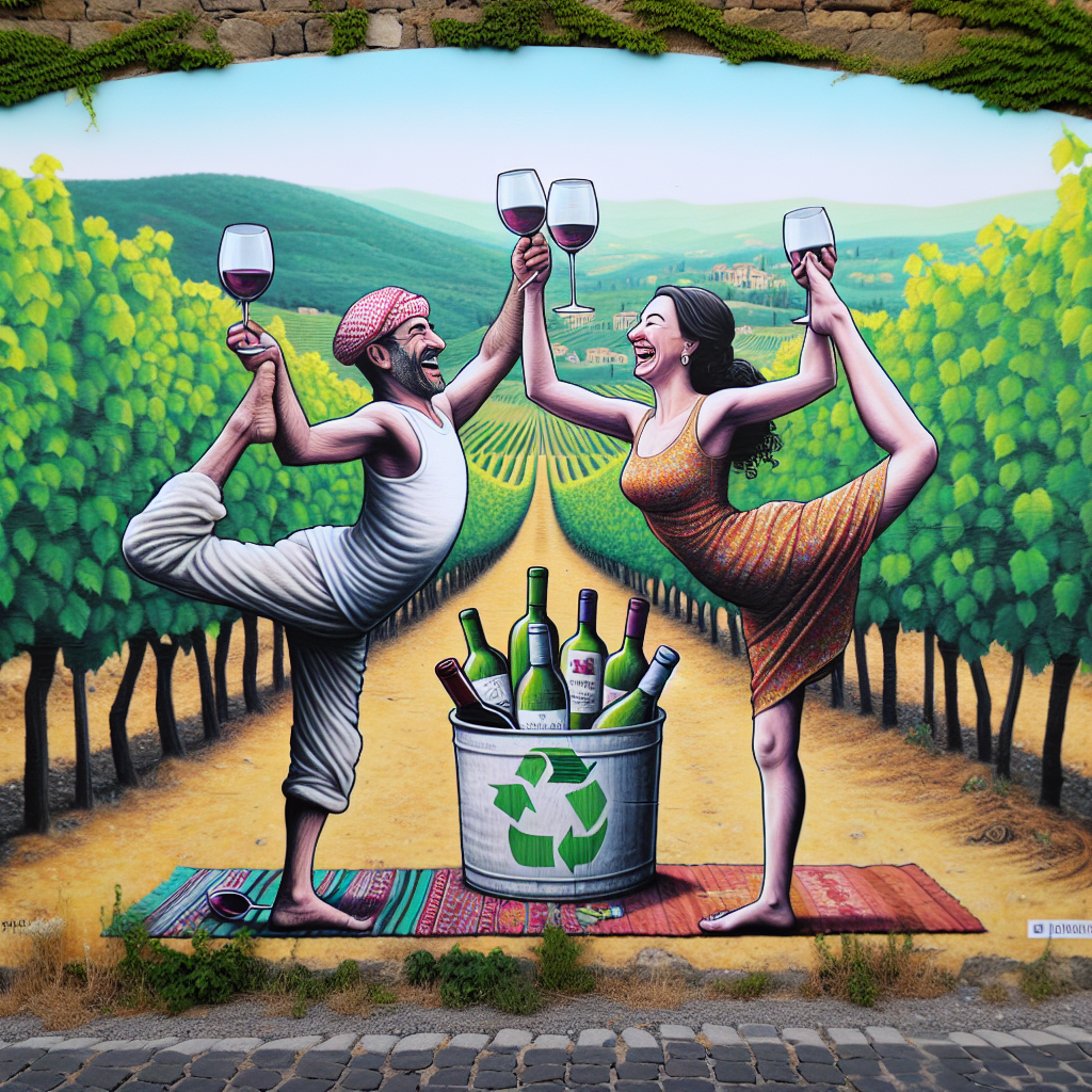 Envision a vivid Italian vineyard scene. The heart of the scene is a laughing Middle-Eastern couple, balanced on one foot each in a yoga posture, supporting each other. The tinkling sound of their wine glasses, filled with the local vintage, resonates through the air, marking their toast to an additional year of companionship. Their surroundings are adorned with markers of their sustainable lifestyle, exemplified by a recycling symbol etched into their wine glasses and a trail of creatively reused bottles leading to their endearing, romantic picnic arrangement.
Generated with these themes: Yoga, Recycling, Wine, and Italy.
Made with ❤️ by AI.