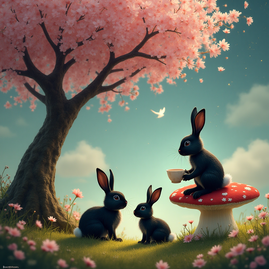 Black rabbit with a white nose, Black lop rabbit, Cherry tree , Bob Mortimer , Gothic , and Birthday Card