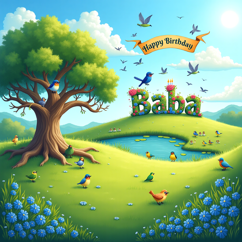 In this delightful birthday card scene, imagine a whimsical landscape set in a vibrant blue and green nature setting. The foreground features a wide, sprawling meadow carpeted in lush, verdant grass that gently sways with a light breeze. Scattered throughout the grass are small clusters of forget-me-nots, their delicate blue petals adding splashes of color to the scene. At the center of this meadow stands a towering ancient oak tree with a broad, twisting trunk and a thick canopy of leaves that dapple the ground with playful shadows.

Perched on the tree branches are an array of chirping birds, each more charming than the last. There's a cheeky blue jay with striking cobalt plumage, a pair of chattering green parakeets preening one another, and a curious hummingbird with iridescent feathers shimmering in the sunlight. These birds seem to be in a festive mood, their eyes twinkling with mischief.

In the middle distance, there's a small pond reflecting the azure sky above, its surface dotted with lily pads and a family of ducks gliding gracefully across the water. Rising above the pond is a gentle hill where, delightfully and surprisingly, the word "Baba" is spelled out in vivid flowers, with each letter a burst of different blooms. This vibrant floral message is arranged as if nature itself is wishing Baba a happy birthday, the colors blending harmoniously with the overall scene.

In the sky, fluffy white clouds drift lazily, and one of them takes the shape of a cake, complete with fluffy 'frosting' and 'candles' poking from the top, their flames formed by the sun's golden rays. A flock of birds is flying above in formation, cheerfully carrying a bright, hand-painted banner that flutters in the air reading "Happy Birthday Baba!" The birds seem to dance around the banner, their flight weaving a trail of joy across the bright, open sky.

This enchanting scene combines the magic of nature with the celebration of life, telling a story of beauty, laughter, and the wondrous surprises of the natural world coming together to celebrate Baba's special day.
Generated with these themes: blue and green nature birds.
Made with ❤️ by AI.