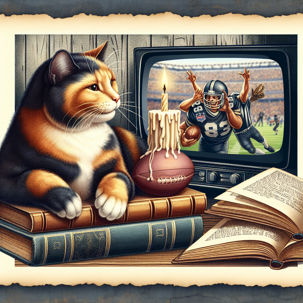 Create an image of a solemnly themed birthday illustration. In it, a soft tortoiseshell cat is curled up next to a stack of aged books, setting a thoughtful atmosphere. In the backdrop, a television silently showing highlights of an American football game adds a sense of shared cultural activity. Interrupting the solemnity, there is a figure laughing heartily, their cheeriness standing in contrast to the quiet setting. Close by, a contemplative tabby cat watches the scene, adding a layer of warmth to the sophisticated birthday concept.
Generated with these themes: Tortoiseshell cat, Books, American football, News, Laughing, and Tabby cat.
Made with ❤️ by AI.