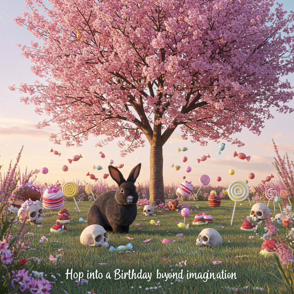 Black lop, Black rabbit white nose , Love, Skulls, Sweets , Cherry tree , and Birthday Card