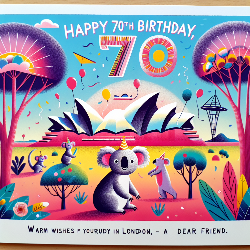 A colorful and delightful illustration of a sunny day in the Australian outback. Prominent natural elements include tall eucalyptus trees with cuddly koalas nestled in their branches. The distant view captures a unique architectural design reminiscent of seashells, representing an iconic structure similar to the Sydney Opera House. Standing out in the foreground is a prominently illustrated number '70', circled by a vibrant array of bouncing balloons and falling confetti. The words 'Happy 70th Birthday, Friend!' are written across the sky in a festive and playful font, with a boomerang and a kangaroo wearing a party hat adorning the scene for an added touch of humor. Written below, in comparably smaller letters, the phrase 'Warm wishes from your buddy in London, a dear friend.' adds a personal touch.
Generated with these themes: Create a 70th birthday day card for Nader who lives in Australia from class mate Premala from London.
Made with ❤️ by AI.
