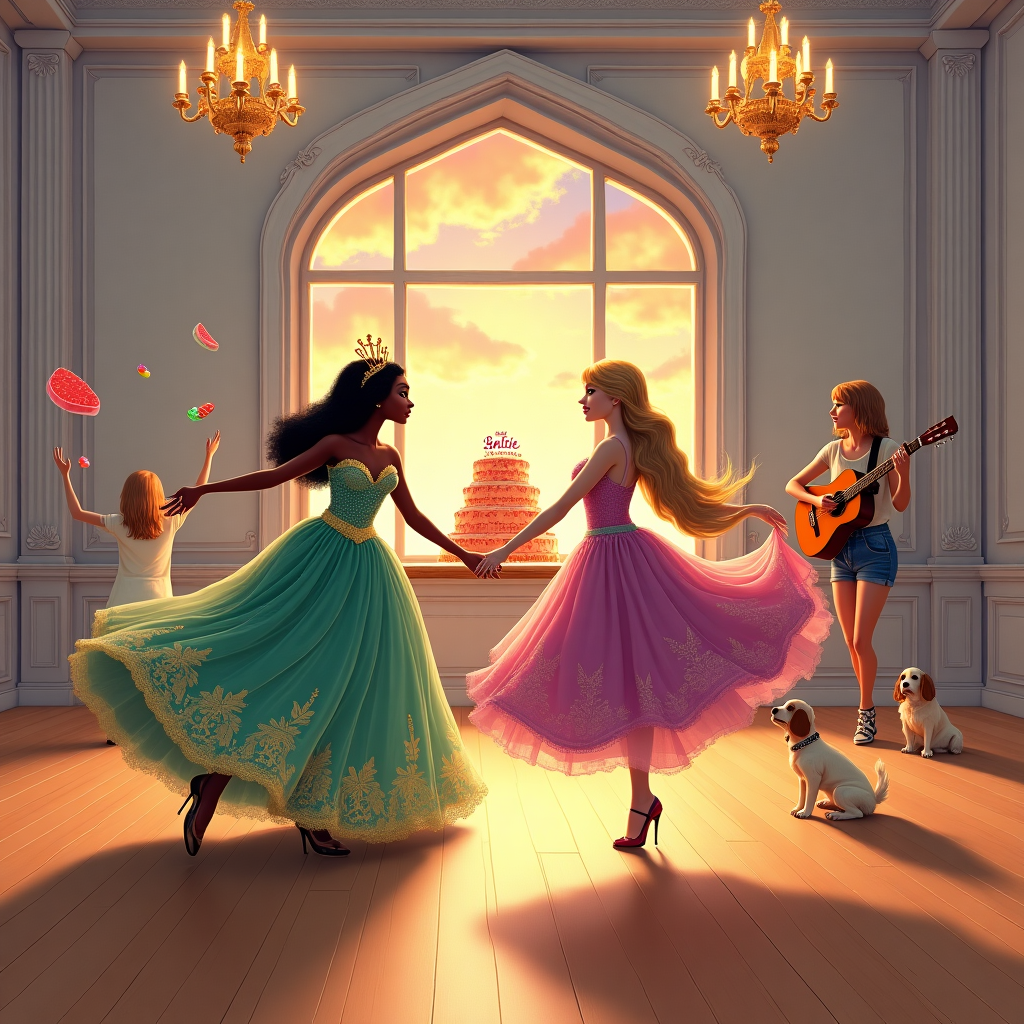 The scene bursts with vibrant whimsy and intricate detail, combining the influences of Maxfield Parrish's dreamlike use of color and Maurice Sendak's playful intricacy. Imagine a grand dance studio setting, its polished wooden floors gleaming under the soft glow of chandeliers that hang like floating crowns. The walls, painted in a serene pastel lavender, are adorned with elegant gold leaf patterns reminiscent of Aubrey Beardsley's work.

In the foreground, Princess Tiana, wearing an exquisite gown of shimmering emerald and gold, dances gracefully. Her tiara glints in the soft light, echoing the intricate style of Arthur Rackham's fine lines. Nearby, Princess Rapunzel, her long golden hair cascading down like a waterfall, spins in a pirouette, her dress a flowing cascade of pinks and purples.

In the background, Taylor Swift strums an acoustic guitar, her attire a playful nod to Quentin Blake's colorful sketches—denim shorts and a casual white blouse with vibrant doodles. Two adorable cocker spaniels, drawn with Beatrix Potter’s charming realism, sit by her feet, watching the dancers with playful curiosity.

Floating through the air are playful Sour Patch Kids Watermelon gummies, captured with Edward Gorey's meticulous detail. They hover in a gentle arc, as if mid-dance themselves, their sugary surfaces catching the light in a rainbow of candy colors.

A cake, extravagantly decorated with tiers of pastel icing and gold accents, sits proudly on a table. Perched atop, in delicate calligraphy, is the name "Miss Katie," designed to mirror the elegant, swirling text style of Gustave Doré’s illustrations.

Above it all, a wide window reveals an idyllic sunset sky, blending hues of orange and pink, reminiscent of N.C. Wyeth's mastery of color, casting a magical glow over the entire scene.
Generated with these themes: Princess Tiana, Princess Rapunzel, Dance Studio, Dancers, Taylor Swift, 2 cockaspaniels, and Sour Patch Kids Watermelon.
Made with ❤️ by AI.
