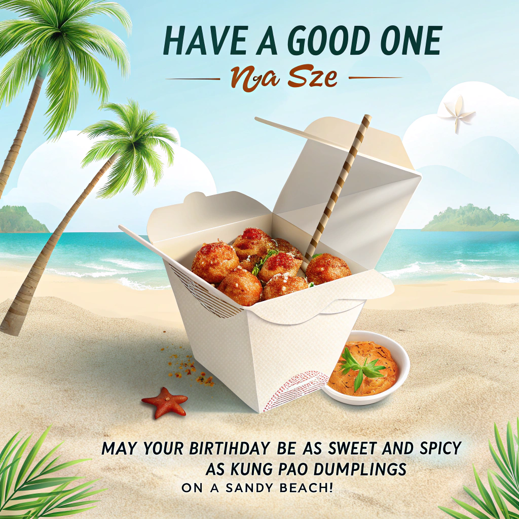 At the top of the image, "Have a good one Nga Sze":

At the bottom of the image, "May your birthday be as sweet and spicy as Kung Pao Dumplings on a sandy beach!"

- In the center of the image, capture a lifelike scene of a Chinese food takeout box lying open on a pristine holiday beach.
- The box is filled with vibrant Kung Pao Dumplings, their glossy sauce reflecting the sunlight, while chopsticks lie artfully in the sand.
- Palm trees sway gently in the background, and a tiny cocktail umbrella is tucked playfully into the box, adding a festive holiday flair.
Generated with these themes: Holiday, Chinese food, and .
Made with ❤️ by AI.