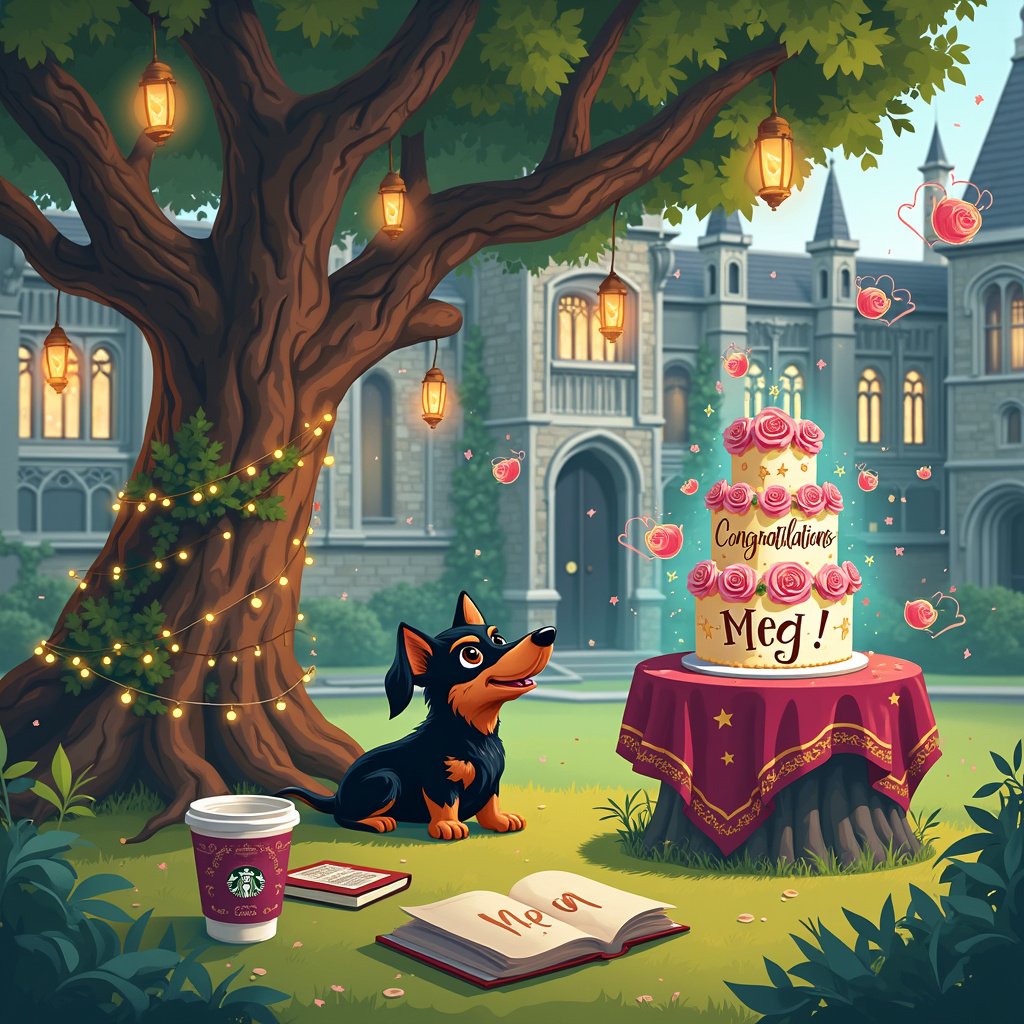Imagine a whimsical, magical scene set in the courtyard of a grand, gothic-style university, inspired by the architectural charm of Hogwarts. At the forefront of the scene, there's a majestic, ancient oak tree with a cozy reading nook beneath its sprawling branches. The tree is adorned with fairy lights and hanging lanterns that give off a gentle glow. The grass around the tree is dotted with books, some open and some stacked, with titles from Harry Potter, A Court of Thorns and Roses, and psychology textbooks.

In the center of this enchanting courtyard is a charming small, black and tan dog, perhaps a dachshund or a Yorkshire Terrier, happily holding a Starbucks cup in its mouth. The Starbucks cup is creatively designed, with a sleeve that features the Hogwarts crest, subtly incorporating the university theme.

To the right, there’s a small, round table draped with a cloth that has delicate floral patterns reminiscent of A Court of Thorns and Roses. On the table is a towering cake, intricately decorated with magical symbols and patterns from the series. The cake topper spells out "Congratulations Meg!" in shimmering gold letters, making the recipient’s name a focal point.

In the background, behind the oak tree, is the grand university building, with tall, arched windows and ivy creeping up its stone walls. Hovering above the university, fluffy clouds are magically inscribed with the word "Meg" in a beautiful, flowing script. Some clouds even have subtle outlines of Harry Potter-style wands and books, blending the themes seamlessly.

Among the books on the grass, one stands out with its cover depicting a blooming rose, alluding to A Court of Thorns and Roses. Scattered around the scene are colorful, animated illustrations of psychology symbols, such as brains, neurons, and abstract patterns, paying homage to Meg’s academic achievements.

The overall composition is lively and vibrant, with each element intricately detailed, drawing inspiration from the vibrant, vector art styles of the referenced artists. The blend of fantasy, academic achievement, and personal touches makes this a unique and heartfelt congratulations card for Meg.
Generated with these themes: University , Harry potter, Books, A court or thorns and roses, Starbucks , Black and Tan small dog, and Psychology.
Made with ❤️ by AI.