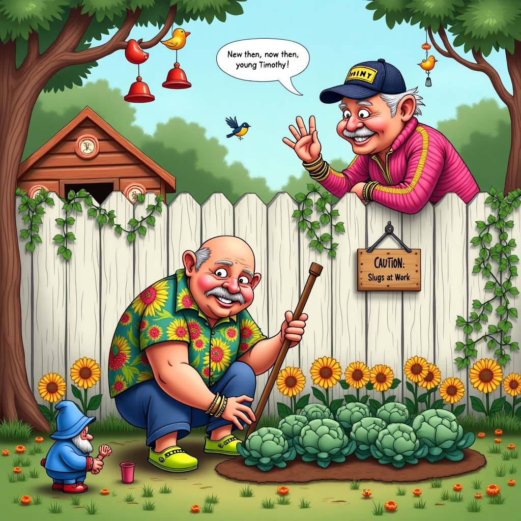 In this whimsical birthday card illustration, the scene is set in a quaint, slightly overgrown backyard garden. Our central character, a slightly overweight bald man with facial stubble, dons an oversized, sun-faded Hawaiian shirt with its floral patterns struggling to keep their vibrancy against the test of time. He is happily gardening, kneeling on a cushioned knee pad among a bed of cheerful daisies. His Crocs are a bright lime green, with garden soil wedged in the perforations and clinging to the soles. The man is carefully tending to a row of prize-worthy cabbages, using a small hand spade, while a blue garden gnome, holding a fishing rod, stands guard next to him.

Over the wooden picket fence, which has lost some of its white paint to age, peers a mischievous character with striking resemblance to Jimmy Savile. He's sporting a flamboyant tracksuit with thick stripes of garish pink and gold, and his signature bleached hair is visible beneath a sequined baseball cap. The garden fence is adorned with climbing ivy that cascades down like a natural curtain, almost concealing a cheeky sign that reads, "Caution: Slugs at Work!" This peculiar character leans over with one elbow resting on the fence's top rail, playfully waving a hand adorned with chunky rings and gold bracelets. He jovially exclaims, “Now then, now then, young Timothy,” a speech bubble emerging from his grinning mouth.

In the background, a whimsical garden shed painted with sunflowers sits nestled amongst a sea of marigolds, and an assortment of wind chimes made from repurposed teacups hangs from the branches of an apple tree. A couple of birds, one with a vibrant red breast and the other a cheerful canary yellow, perch on the branches, observing the quirky duo below. This snapshot of an eccentric garden day invites viewers into a world where humor and whimsy blossom alongside the flowers.
Generated with these themes: A slightly overweight bald man with facial stubble is gardening in crocs shoes whilst someone else who looks like Jimmy Savile is peering over the garden fence saying “now then now then young Timothy”.
Made with ❤️ by AI.