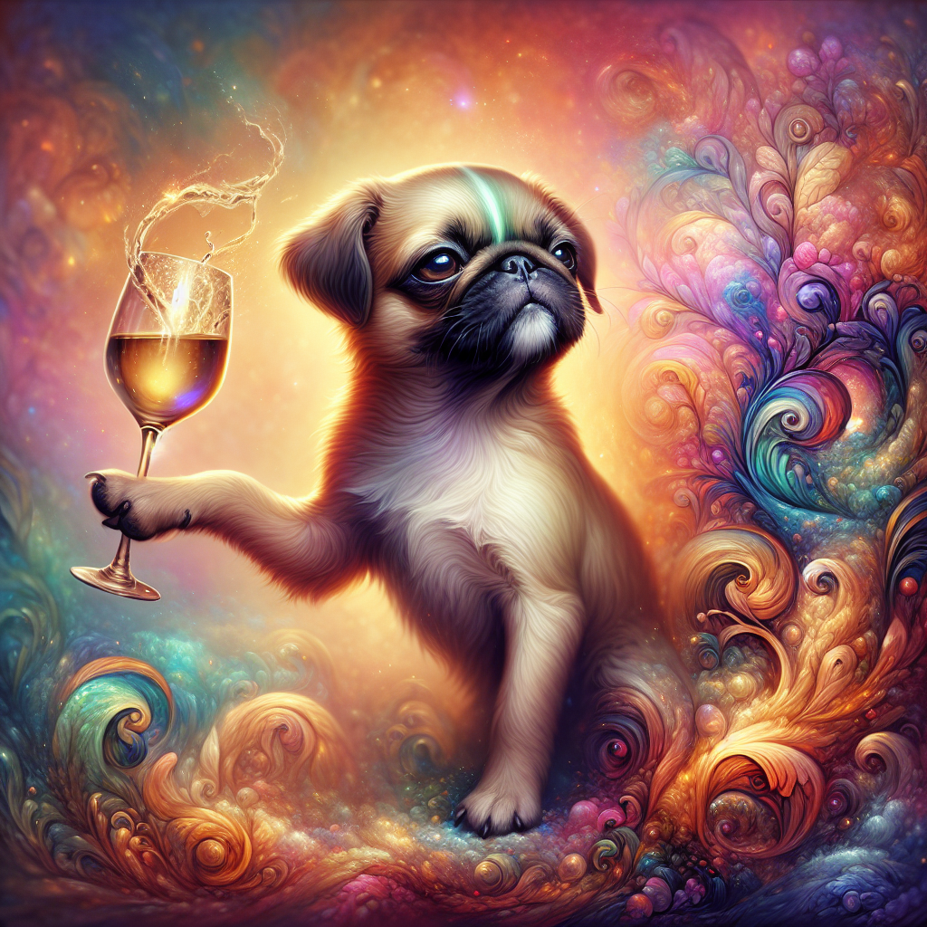 For an anniversary celebration, envision a detailed and whimsical image with a small dog that carries characteristics similar to a pug but different in certain ways, like having a deeper brown coat and light-green streak around its eyes. The dog radiates grace as it delicately grasps a glass of wine with its paw. Surrounding it, there's an enchanting and dreamy landscape where the laws of nature are fluid, colors interweave beautifully, and the ambiance is festive, contributing to the unique charm of the scene featuring the dog's refined enjoyment.
Generated with these themes: Disney pug drinking wine.
Made with ❤️ by AI.