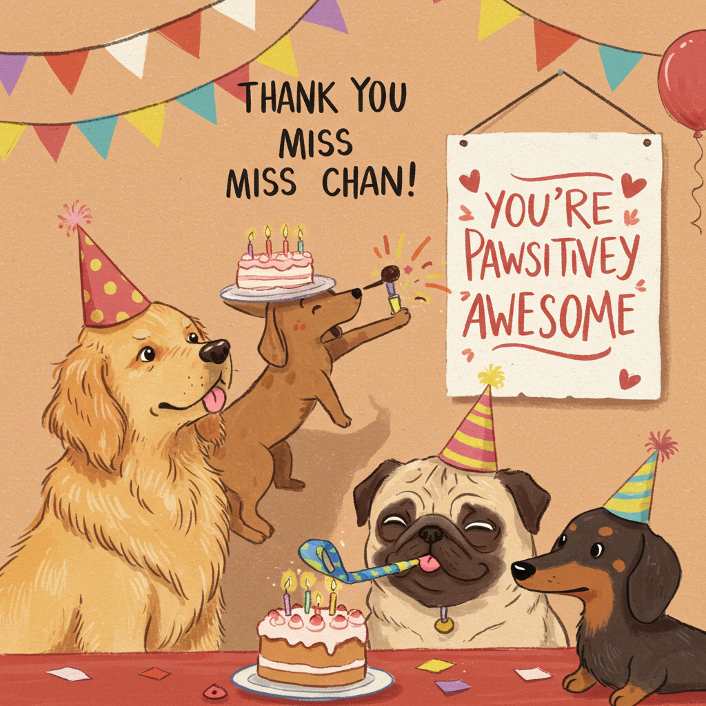At the top of the Illustration Style image, include the text: "Thank You Miss Chan".

Create a humorous scene featuring a group of dogs hosting a quirky thank-you party for Miss Chan. Imagine a fluffy golden retriever wearing a party hat, balancing a cake on its nose, while a mischievous pug attempts to blow a party horn, its cheeks hilariously puffed up. In the background, a lively dachshund is playfully tangled in colorful streamers, wagging its tail. A sign hangs on the wall, hand-lettered with a playful pun: "You're Pawsitively Awesome!" 

The image should be hand-drawn with fine linework, using textured brush strokes to capture the dogs' fur and the party decorations. Utilize a warm, expressive color palette to enhance the joyful and lighthearted atmosphere of the scene.
Generated with these themes: Dogs, and .
Made with ❤️ by AI.