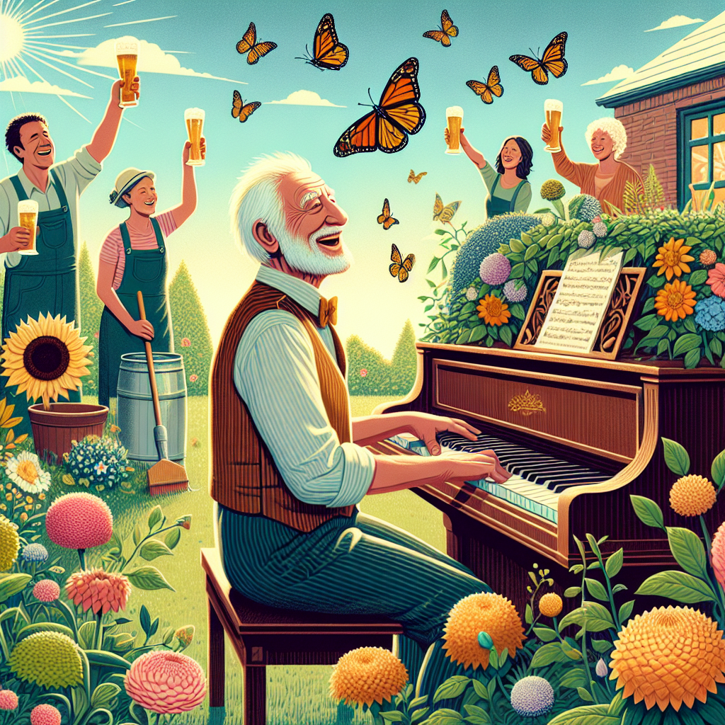 Create a heartwarming image that shows a joyous elderly man playing a classic piano in a sunny garden teeming with vivid flowers and lush plants. The man depicted belongs to the Middle-Eastern descent. Add in enchanting butterflies swirling around him. In the backdrop, illustrate a diverse family consisting of Caucasian and Hispanic women and men, some caring for the flourishing flora and others raising toast glasses of beer in celebration. The atmosphere of the illustration should evoke feelings of unity, love, and simple delights in honor of the man's special day.
Generated with these themes: Gardening, Playing piano, Drinking beer, Family, and Grandfather.
Made with ❤️ by AI.