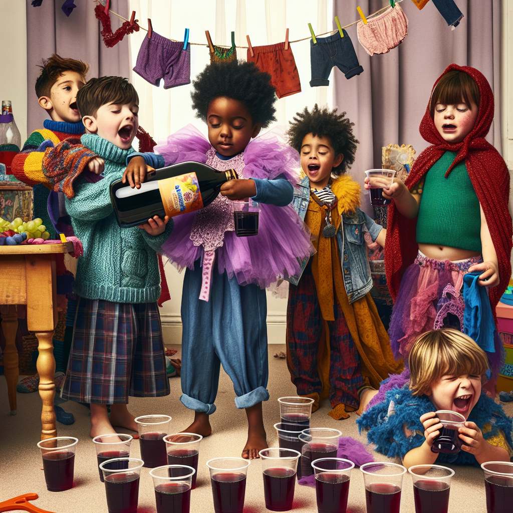Create an image of a whimsical birthday scene where five children of diverse descents, two Caucasian, one Hispanic, one Black, and one Middle-Eastern, are engaging in a game of dress-up, each clad in an array of mismatched clothes that bring to mind a child's interpretation of a fashion show. In the center, a child with a creative cape, pours grape juice from a decorative bottle into plastic cups. The rest, two boys and two girls, are found laughing, clutching onto their colorful attire. Despite the chaotic ensemble of clothing, their laughter adds an air of innocence to the entire scene.
Generated with these themes: 5 kids, Wine, and Clothes.
Made with ❤️ by AI.