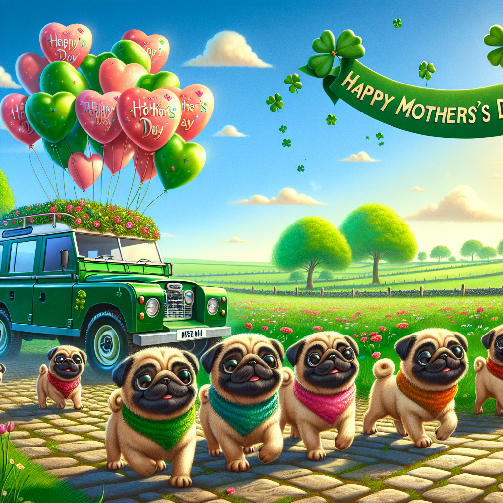 Create an image portraying a charming animation set in the verdant fields of the Irish countryside. Show a group of adorable pugs walking in a line down a cobblestone path, each one wearing a vibrant, tiny scarf. Floating atop the clear sky overhead, depict heart-shaped balloons accompanied by 'Happy Mother's Day' letters. On the side of the path, illustrate a shiny, green Land Rover decorated with a garland of shamrocks festooned around its grille, adding a joyful and thematic touch to the jubilant scene.
Generated with these themes: Pugs, Ireland, and Land Rover .
Made with ❤️ by AI.