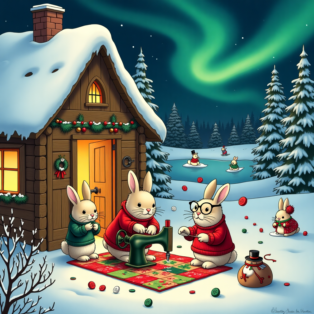 In a whimsical winter wonderland, a cozy rabbit village is bustling with holiday cheer, as seen through the lens of a charming Charles Schulz meets Bill Watterson-inspired scene. Nestled amidst snow-covered pine trees, a quaint wooden cabin with a thatched roof is the focal point. The cabin's windows glow warmly with festive light, revealing a cozy interior where rabbits are hard at work. Inside, a group of fluffy rabbits, each uniquely dressed in tiny knitted sweaters, are gathered around an antique wooden sewing machine. One rabbit, with oversized glasses perched on its nose, is meticulously stitching together a patchwork quilt made of vibrant holiday fabrics — reds, greens, and whites adorned with holly berries and tiny reindeer patterns.

Beside the sewing machine, another rabbit is skillfully threading a needle, while a third, smaller rabbit joyfully tosses colorful buttons into the air like confetti. These buttons spell out "Special Friends" in a playful arc above the scene. The walls of the cabin are adorned with cheerful Christmas decorations: strings of cranberries and popcorn, paper snowflakes, and a small wreath with a red bow.

Through the open cabin door, a snow-dusted landscape is visible, where more rabbits frolic. A trio of rabbits is seen building a snowman wearing a top hat, while another duo skates gracefully across a frozen pond. In the sky above, the Northern Lights dance across the twilight, with a faint echo of "Special Friends" etched within the swirling colors. This festive tableau captures a delightful blend of holiday warmth, creativity, and camaraderie, inviting all who see it to cherish the magic of sewing, rabbits, and Christmas together.
Generated with these themes: Sewing, Rabbits, and Christmas.
Made with ❤️ by AI.