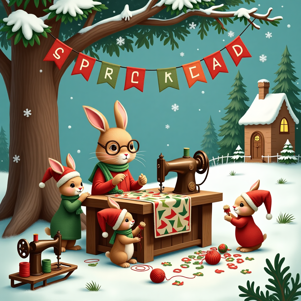In a whimsical, snow-draped meadow, beneath a towering evergreen tree, a bustling, festive scene unfolds. At the center, a charming family of rabbits, each sporting their own unique Christmas hats and scarves, gather around an oversized wooden sewing table. The matriarch bunny, with round spectacles perched on her nose, is meticulously threading a needle with red and green thread, preparing to stitch a patchwork quilt adorned with stars and snowflakes. Scattered around her, her eager rabbit children are busily at work, using their paws to cut pieces of colorful fabric, which float like leaves in the crisp winter air. One little bunny is gleefully tangling itself in a ball of yarn, adding an element of playful chaos to the orderly sewing circle. 

Above this endearing family scene, strung between the snow-laden branches of the tree, hangs a banner made of cloth patches. Each patch is stitched with a letter, and together they spell out "Special Friends" in bold, cheerful letters. This banner is the focal point of the scene, its colors vibrant against the white and green backdrop. Near the foot of the tree, a vintage sewing machine rests atop a wooden sled, surrounded by spools of thread and bundles of fabric, ready to create more festive wonders.

The sky is dotted with twinkling stars, and gentle snowflakes fall like tiny whispers from the heavens, adding a touch of magic to the scene. In the background, a cozy little cottage peeks through the trees, its windows glowing warmly, promising hot cocoa and carrot cookies for the industrious rabbit family. All elements come together to form a lively, charming tableau, celebrating the joy of creating and the warmth of friendship during the holiday season.
Generated with these themes: Sewing, Rabbits, and Christmas.
Made with ❤️ by AI.