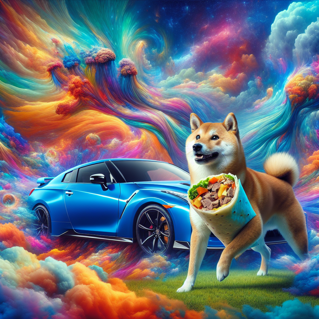 Shiba Inu driving a blue Nissan skyline and holding a mixed meat wrap from the takeaway Birthday Card