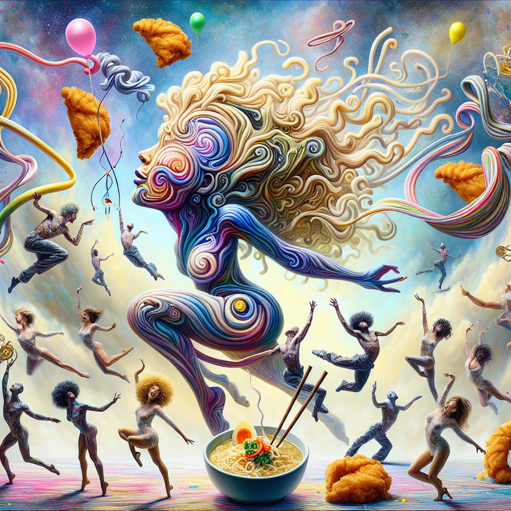 This birthday extravaganza transcends reality, mixing the abstract with the festive. Center stage, an abstract humanoid figure with curly blonde hair, her form made up of swirling colors and expressive lines, partners in a surreal ballet with a similarly stylized humanoid figure with dark, wavy hair. Around them, a cascade of jazz dancers of diverse descents and genders twist into abstract forms, their movements echoing the fluidity of noodles. Above, the sky is a canvas of splattered paint, evoking the broth of a ramen bowl. Chicken katsu motifs dot the landscape, adding a quirky, delicious twist to this otherworldly celebration.
Generated with these themes: Taylor Swift, Ballet, Harry Styles, Jazz dancing , CHICKEN katsu, and Ramen.
Made with ❤️ by AI.