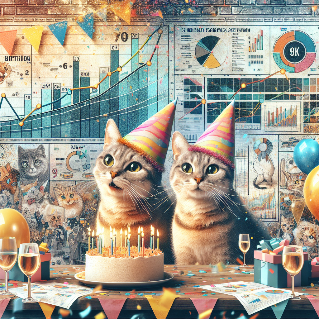 Create a festive scene set in a birthday party environment. Feature two adorable domestic tabby cats outfitted with colorful party hats expressing enjoyment. In the middle of the scene, present a symbolic '5km Run' racetrack that epitomizes energy and excitement. The backdrop of the picture is ornamented with artistic representations of generic data charts and infographics, suggesting a business element to the celebration. To the side of the frame, showcase a table adorned with balloons and confetti, upon which glasses of wine are placed, adding a hint of adult merriment to the overall scene. The image is suffused with a warm and bubbly color scheme primarily composed of pastel shades to encapsulate the gleeful ambiance of the occasion.
Generated with these themes: Two tabby cats, Running 5km, Barclays data, and Wine.
Made with ❤️ by AI.