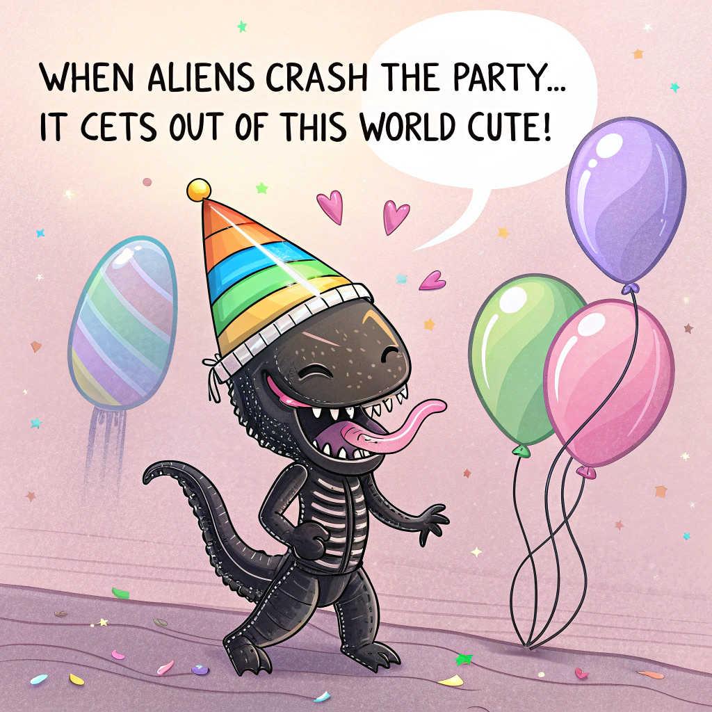 At the top of the image, "When aliens crash the party... it gets out of this world cute!"

– In the center of the realistic photograph, depict a humorous and endearing scene: a shiny black Xenomorph in full realistic texture wearing a glittery rainbow-striped party hat, its long tongue just slightly out, dripping iridescent drool, and its menacing demeanor undercut by big, shiny birthday balloons floating above its head.

– Next to the Xenomorph, Deadpool stands protectively in front of a hilariously overdecorated birthday cake with thick swirls of blue icing, armed with a plastic cake knife. He’s striking a pose with one arm outstretched like a security guard, shouting (with a speech bubble): “Stay away from the cake, BITCH!”

– Behind them are floating birthday balloons in red, silver, and electric blue, tangled gently in Deadpool’s katana handles.

– In the background, string lights and a glittery banner spell out "HAPPY BIRTHDAY!" while confetti falls through the air, lit with a warm golden glow to keep the mood celebratory and fun.
Generated with these themes: Xenomorph wearing party hat and drooling, Deadpool, Balloons, Birthday cake with blue icing, and Deadpool saying Stay away from the cake BITCH!.
Made with ❤️ by AI.