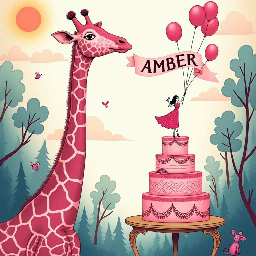 **Card Front Illustration Description:**

**Central Scene:**
At the heart of the scene, a surreal, hand-drawn illustration features a towering pink giraffe. The giraffe's skin is adorned with swirling patterns of various pink hues, from soft pastel blush to vibrant magenta, giving it an ethereal presence. Its long neck is gently curved, creating an elegant arc that draws the viewer's eye upward.

**Foreground Elements:**
To the right of the giraffe, a fantastical pink birthday cake is set on an ornate table with Victorian-style legs. The cake has multiple tiers, each decorated with intricate lace-like frosting details reminiscent of Aubrey Beardsley’s delicate line work. On the topmost tier, a small, elegant figurine of Perrie Edwards stands, striking a dynamic pose with a microphone in hand. Her outfit is a flowing, Beatrix Potter-inspired dress with intricate patterns, blending seamlessly with the cake’s design.

**Background Elements:**
The backdrop is a whimsical woodland, inspired by Maurice Sendak’s detailed landscapes, with twisting trees and softly textured foliage in varying shades of green and blue. Peeking through the trees are golden rays of a setting sun, echoing the luminous style of Maxfield Parrish. Floating above the cake, a cluster of pink balloons in different shapes and sizes drifts gently upwards. The balloons are tied with delicate silver ribbons that catch the light, casting subtle shadows on the ground below.

**Textual Element:**
Across the sky, a series of clouds forms a natural banner where the name "AMBER" is intricately inscribed in bold, elegant script. The lettering has a gentle gradient, transitioning from soft pink at the top to a deeper coral at the bottom, making it stand out against the sky’s pale blue expanse.

**Additional Details:**
Sprinkled throughout the scene are whimsical elements—a small, Edward Gorey-inspired bird perched on the giraffe’s ear, a Quentin Blake-style mouse peeking from behind the cake, and a pair of N.C. Wyeth-style butterflies fluttering near the balloons.

This composition merges the detailed and expressive styles of classic illustrators, creating a vivid and imaginative birthday scene that invites the viewer to explore every nook and cranny.
Generated with these themes: PINK GIRAFFE, PINK BIRTHDAY CAKE, PERRIE EDWARDS, and PINK BALLOONS.
Made with ❤️ by AI.