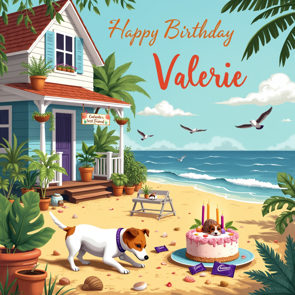 Picture this: The front cover of the birthday greeting card opens to reveal a sun-kissed seaside scene. In the foreground, a sandy beach stretches out, sprinkled with seashells and colorful pebbles. Nestled in the golden sand, an enthusiastic Jack Russell Terrier, with its characteristic white and tan coat, gleefully digs into a mound of sand. His collar is purple with a small silver tag that reads "Valerie's Best Friend."

Behind the Jack Russell, a charming beach house, painted in pastel blues and whites, has its wide porch decorated with an array of lush indoor plants. Tall snake plants in terracotta pots, bushy ferns in hanging baskets, and vibrant monstera leaves all bring a burst of greenery to the scene. One of the porch railings has a hand-painted sign hanging from it with bright, cheerful lettering that reads "Happy Birthday Valerie!" in a whimsical, curly font.

Floating gently above the beach and house are fluffy, white clouds in a brilliant blue sky. The clouds are whimsically shaped to spell out "Valerie" in a soft, dreamy script. Near the house, a small picnic table is set up with a delicious birthday cake. The cake is topped with a miniature Jack Russell figurine and seaside-themed decorations like edible seashells and starfish. Around the cake, scattered thoughtfully, are small bars of Cadbury's chocolate, their distinctive purple wrappers adding a touch of rich color.

Further in the background, the waves of the sea lap gently at the shore, reflecting the sun's sparkling light. Gulls soar above, completing this idyllic birthday scene for Valerie, blending the joy of a seaside adventure with the comfort of home and the sweetness of chocolate.
Generated with these themes: Jack russell dog, Seaside, Indoor plants, and Cadburys chocolate.
Made with ❤️ by AI.