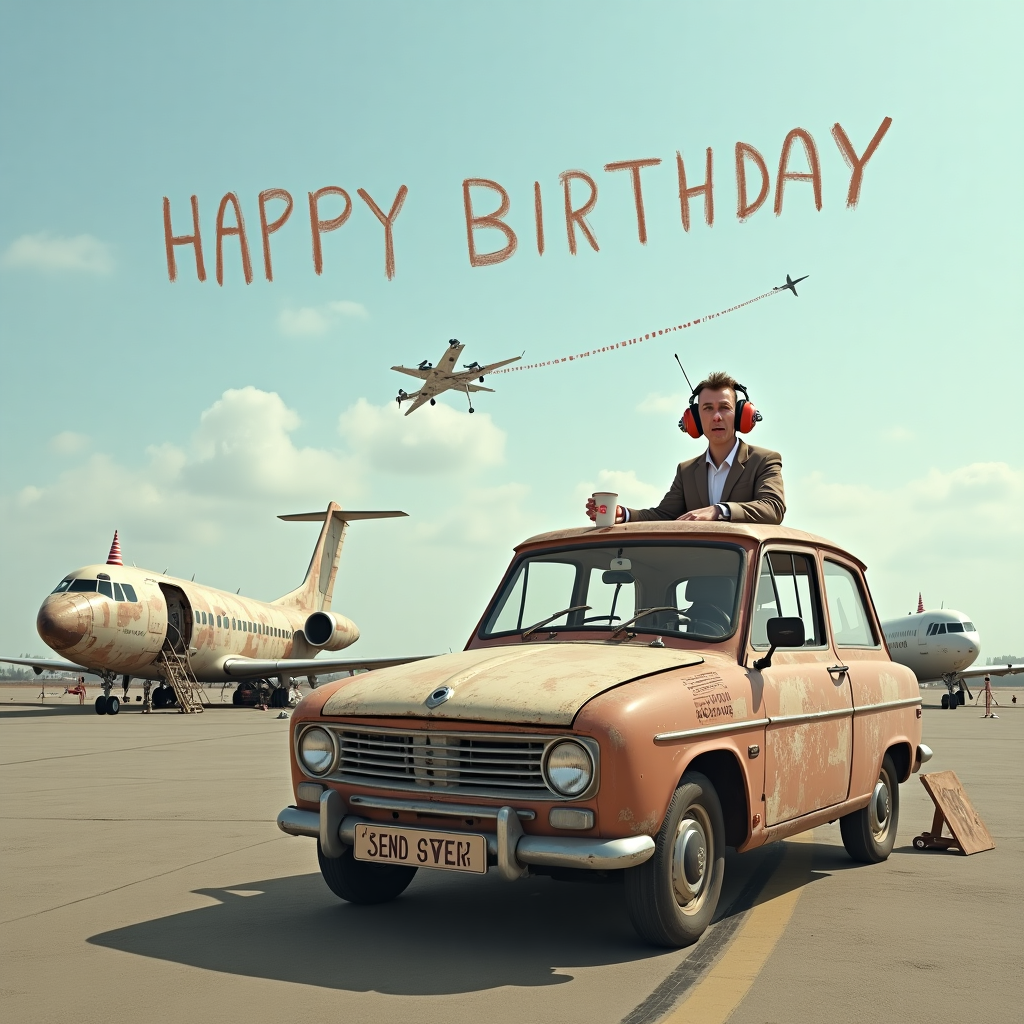 At the top of the realistic photograph image: *Happy Birthday James – May Your Life Be Less Turbulent Than This Runway!*

Realistic photograph of a chaotic, windswept rural airfield, where a visibly overworked and bewildered air traffic controller (wearing oversized headphones and holding a coffee cup marked “Send Help”) stands in a rusty Renault Silver Scenic parked haphazardly on the tarmac with a homemade “Control Tower” sign taped to the roof. Several comically broken-down airplanes (wings missing, engines dangling, smoke puffing gently) are scattered across the runway in the background, some with party hats on their noses and birthday banners tangled in the landing gear. A skywriter overhead attempts to write “HAPPY BIRTHDAY” but it's coming out crooked, spelling “HAPY BIRTDA” instead.
Generated with these themes: Air traffic controller, Rusty renault silver scenic, and Broken planes.
Made with ❤️ by AI.