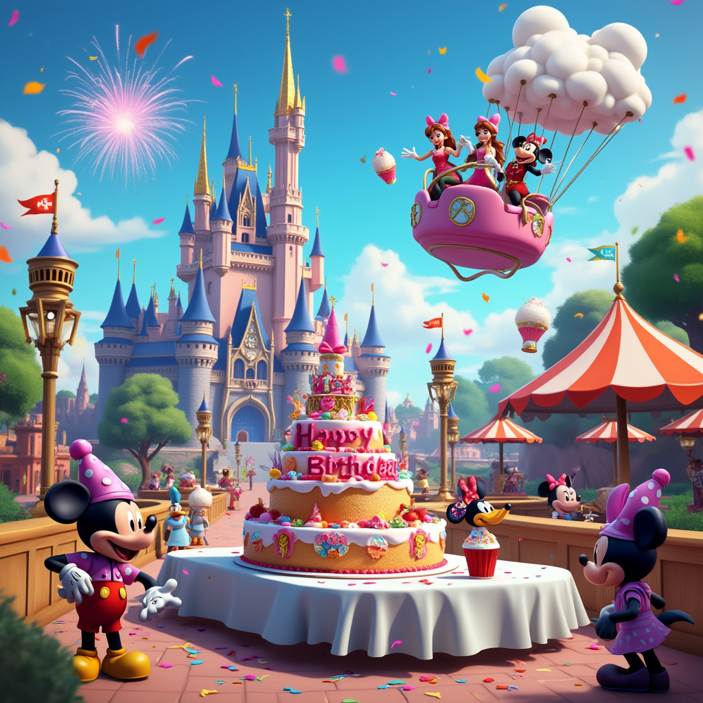 In a vibrant, cartoonish landscape reminiscent of a mashup between a bustling theme park and a lively video game battlefield, we find ourselves at "Fort-Disney Buffetland." The setting is a fantastical wonder where the iconic Cinderella Castle towers in the background, creatively fortified with Fortnite-style walls and ramps, complete with cheerful animated turrets. To the left, Donald Duck, dressed as a Fortnite character, engages in a friendly dance-off with Goofy, who is clad in a rainbow llama costume, while nearby, Mickey Mouse, in a comically oversized suit of armor, tries his hand at building an improbable fort made of cotton candy. 

In the foreground, a long buffet table stretches across the scene, adorned with a smorgasbord of Disney-themed dishes and Fortnite-inspired snacks, like Durr Burger sliders and Slurp Juice smoothies, attracting an eclectic mix of guests including Battle Royale avatars and beloved Disney characters. The tablecloth is vibrant with a pattern of little Mickey Mouse ears and Fortnite logos. At the center of this table stands an extravagant, multi-tiered birthday cake, decorated with miniatures of both the Cinderella Castle and a Fortnite Supply Drop. On the top tier, the cake proudly spells out "Happy Birthday, Oscar!" in bright, sugary icing, while a small figure of Mickey Mouse, holding a balloon, waves excitedly next to the name.

Above, the sky is a playful mix of Disney fireworks and Fortnite's iconic colorful supply drops descending with parachutes. A large cloud floats by, subtly shaped like Oscar's name, ensuring the birthday recipient is celebrated in the clouds of this whimsical universe. To the right, a funfair attraction mimicking a Loot Llama carousel spins joyfully, where Princesses ride alongside Fortnite characters, each clutching oversized turkey legs, a nod to the buffet theme. The ground is littered with confetti and sprinkled with star-shaped cookies, adding to the magical chaos of the celebration.
Generated with these themes: Walt Disney World , Fortnite, and Buffets.
Made with ❤️ by AI.