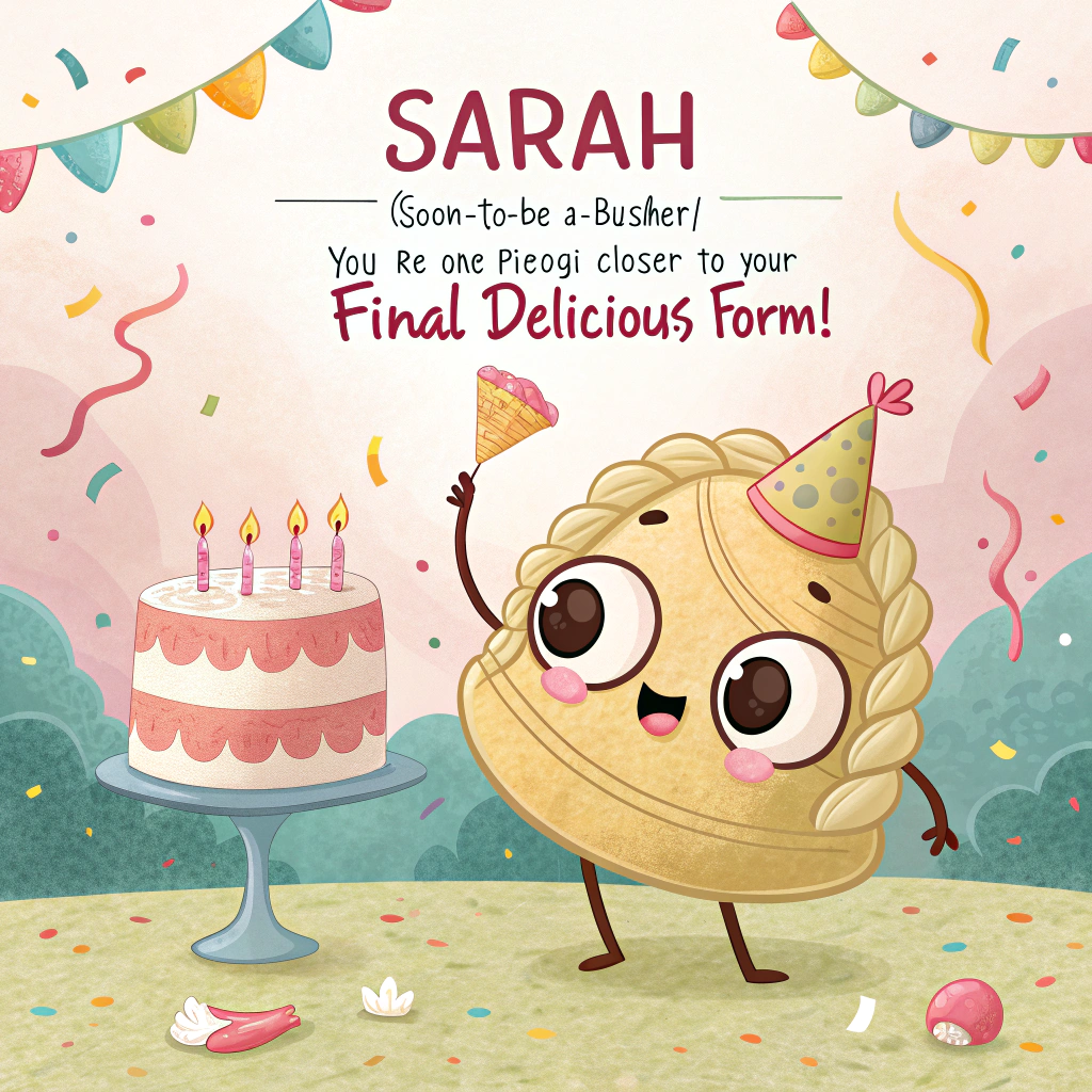 At the top of the image, "Sarah (soon-to-be-a-Buscher), you’re one pierogi closer to your final (delicious) form!"

- In the center of the image, illustrate a cartoon-style, cheerful pierogi with big googly eyes and tiny noodle arms, proudly holding a wobbly, slightly off-kilter birthday cake.
- The cake is dripping with frosting and candles, and the icing reads “Sarah” in big, sugary pink letters.
- Behind the pierogi, confetti is flying everywhere, and several other food-shaped friends (a party hat-wearing cabbage roll and a giggling beet) are tossing tiny balloons into the air.
- The overall scene should feel like a quirky Polish food party that got slightly out of hand… but in the best way possible.
Generated with these themes: Pierogi holding a birthday cake with Sarah written on the icing.
Made with ❤️ by AI.