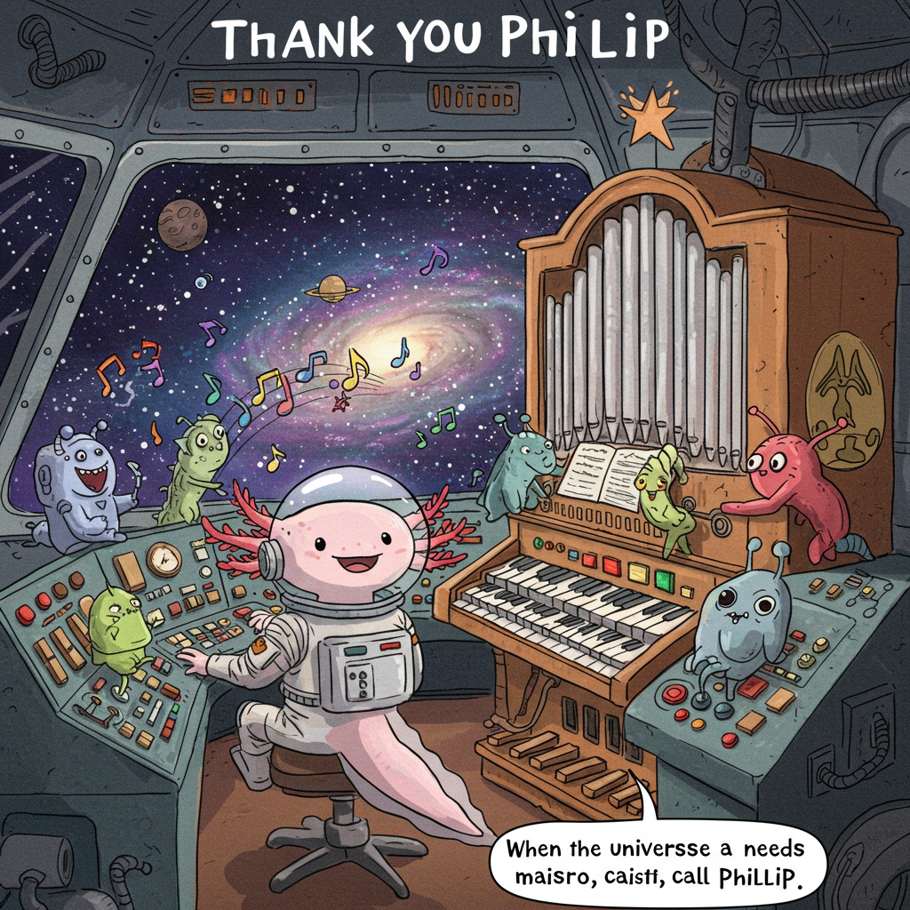 At the top of the Illustration Style image, include the text: "Thank you Phillip".

**Image Description:**

Create a whimsical scene set inside a space ship control room, where an axolotl with an astronaut helmet is at the helm, cheerfully pressing buttons and pulling levers. Surrounding the axolotl are various quirky alien creatures harmoniously playing a church organ, with some pipes humorously shaped like rocket boosters. The organ emits colorful musical notes that float around the room, creating a playful atmosphere. In the background, a large window reveals a stunning view of a galaxy filled with twinkling stars. The entire scene is hand-drawn with fine linework, textured brush strokes, and a warm, expressive color palette, perfectly capturing the joy and humor of this cosmic thank-you moment. 

Add a small, cheeky caption at the bottom: "When the universe needs a maestro, call Phillip!"
Generated with these themes: Axolotyl, Space ship control room, Church organ, and .
Made with ❤️ by AI.
