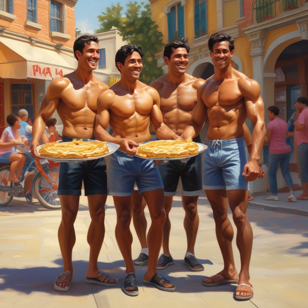 Realistic Funny, Imagine a festive birthday celebration, filled with the infectious laughter of people enjoying themselves. Glimpses of athletic men of a mix of descents such as Hispanic, Black, and Middle-Eastern, devoid of shirts and showcasing their toned abs, are seen playfully dashing around, each holding creamy custard pies. Their gleaming muscles are highlighted under the warm sun, with the sugary aroma of custard engulfing the atmosphere. A collective surge of amusement engulfs the crowd as an unexpected gunge tank spontaneously releases its sticky contents, wonderfully transforming the scene into a fun-filled, chaotic spectacle.
Generated with these themes: Shirtless hunks, Custard pies, and Gunge.
Made with ❤️ by AI.