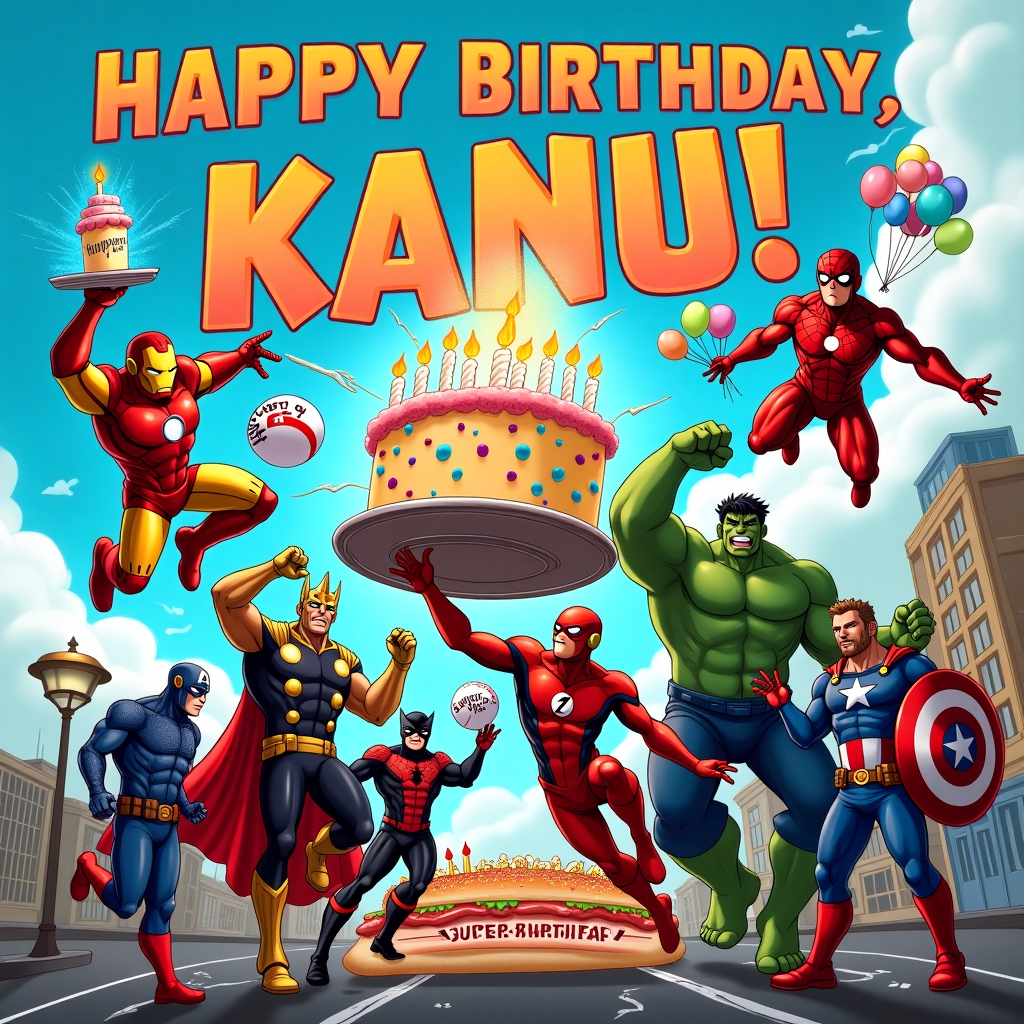The front cover of the birthday card bursts with a colorful, action-packed scene, blending humor and adventure. The backdrop is a city skyline with comic book-style clouds where the sky writes, "Happy Birthday, Kanu!" in bold, superheroic font, with each cloud subtly shaped like a letter of Kanu's name. Below, Iron Man hovers mid-air, playfully balancing a cake on one palm, his arc reactor glowing a festive blue. The cake is frosted with vibrant colors and topped with sparklers spelling out "Kanu." On the ground, Thor is mid-swing with his mighty hammer, Mjölnir, conjuring a mini lightning bolt that humorously ignites a candle on the cake. Nearby, The Flash is depicted as a motion blur, circling the scene, leaving behind a trail of red lightning in his wake, with a speedometer reading "Happy Birthday Speed: Kanu."

In the center, the Hulk is gently holding a massive, oversized party popper with confetti bursting out, showering the scene in metallic shades. Spiderman, perched on a streetlamp, is upside-down, using his webbing to hang a banner that reads, "Party Like a Superhero, Kanu!" Deadpool stands nonchalantly, dual-wielding balloon swords shaped like Kanu's initials, cheekily pointing them toward the reader. To the left, Black Panther gracefully poses on a building ledge, extending a panther claw that's humorously tied to a string of birthday balloons. Captain America is playfully tossing his shield like a Frisbee toward Wolverine, who uses his claws to cut into a gigantic sandwich, carved with "Kanu's Super Birthday."

Finally, Thanos, not to be left out, is off to the side, wearing an oversized, glittery birthday hat and reluctantly holding a gaudy, wrapped gift, labeled "From the Mad Titan to Kanu." The entire scene is alive with vibrant colors and dynamic poses, creating a humorous, action-filled birthday greeting that celebrates Kanu with superhero flair.
Generated with these themes: Iron man, thor, flash, hulk, spiderman, deadpool, black panther, captain american, woolverine, thanos wishing Kanu happy birthday, Single characters, Characters have same proportions, Name on cake, and Name on banner.
Made with ❤️ by AI.
