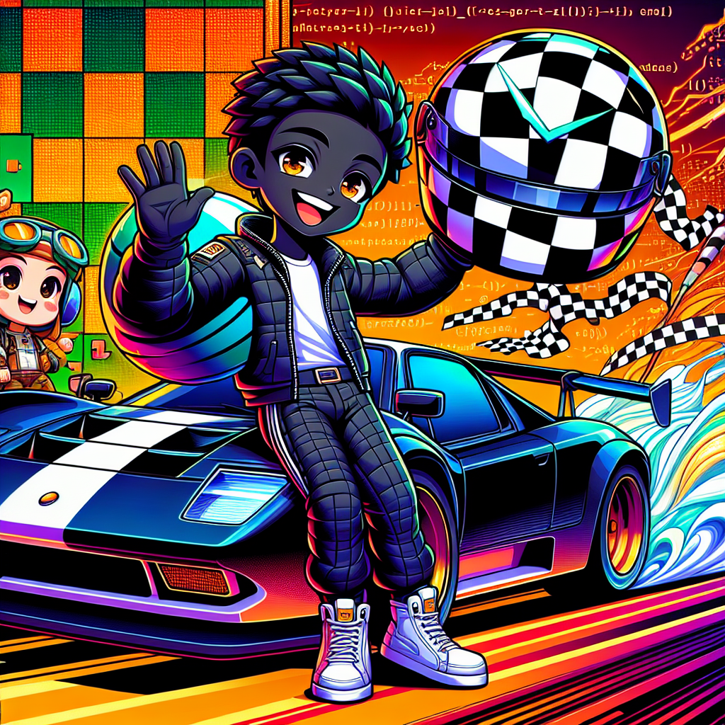 A vibrantly hued cartoon world where a black-skinned character stands distinctly, donned in a racing helmet, smiling broadly while waving goodbye. A stunning backdrop reveals elements of computer code, paired with features of classic Japanese animation including a chibi-style companion and iconic symbols. This suave character stands adjacent to a dashing supercar, epitomizing speed and aesthetic appeal, its surface detailed in the spirit of racing checkers and anime motifs. Cartoon-like speed lines surge from the car, highlighting the impending high-speed exit.
Generated with these themes: Racing, SW Programming, Japanese Anime, Black Skin, and Super Cars.
Made with ❤️ by AI.