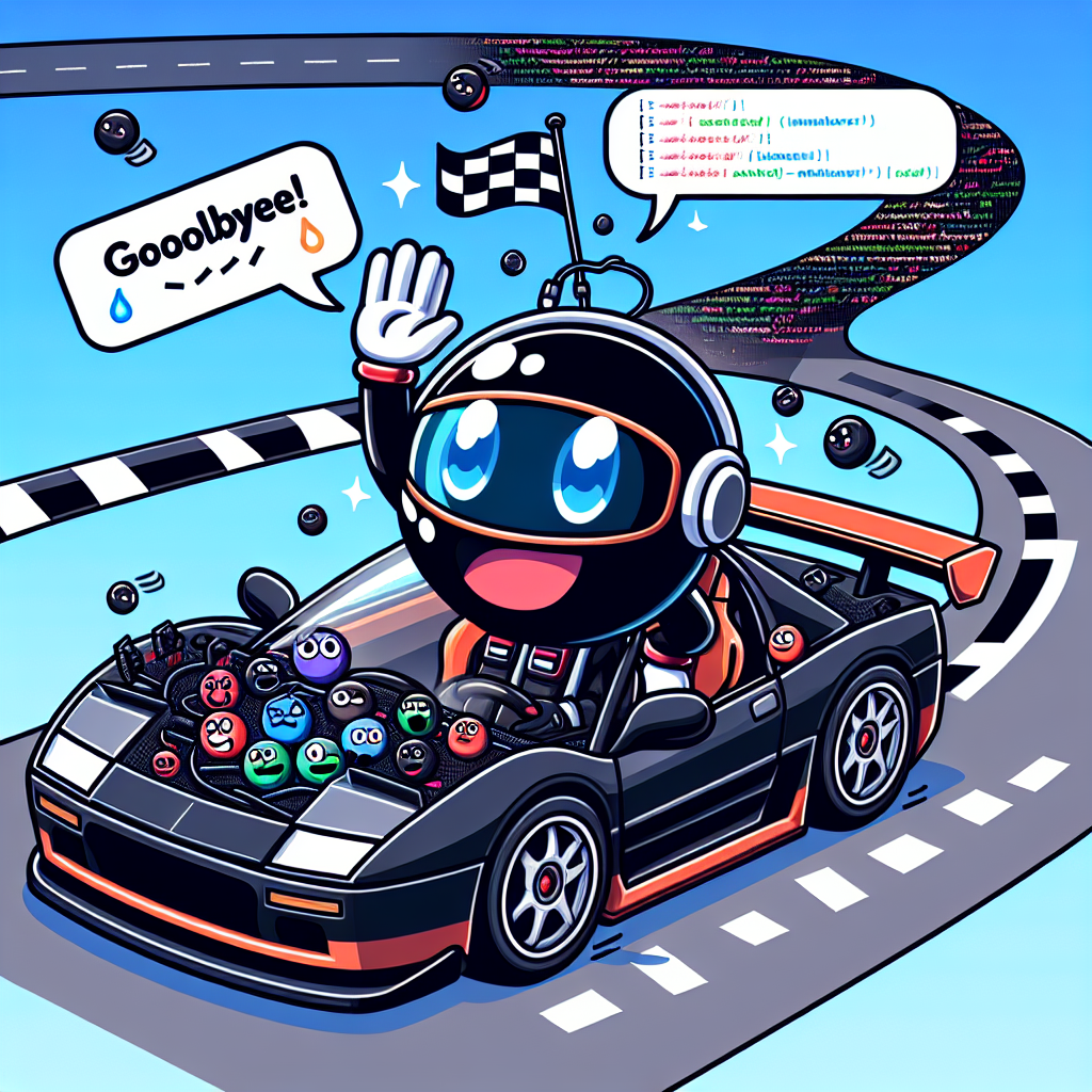 Create a humorous comic scene featuring a jovial Black character dressed in racing attire, wave goodbye heartily from atop a cartoonish supercar. The supercar itself should be personified with expressive eyes on the windshield. The backdrop of the scene should creatively merge a racing track and a scrolling software programming code that bends around the scene like a track circuit. Instead of specific Japanese anime mascots, depict a group of generic and unique cartoon mascots showing signs of comical sadness and bidding farewell. Speech bubbles contain amusing snippets of code, while racing flags wave in the background.
Generated with these themes: Racing, SW Programming, Japanese Anime, Black Skin, and Super Cars.
Made with ❤️ by AI.