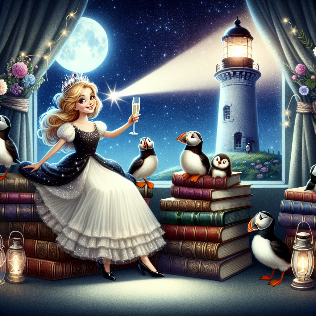 An enchanting nighttime birthday scene under a starlit sky is presented. In this setting, the beam of a quaint lighthouse illuminates a cozy corner. An animated woman with long blonde hair, dressed in a party attire, is the focal point. Surrounding her are curious puffins peeking out from behind piles of classic literature. She raises a toast with a glass of champagne, perfectly encapsulating a sophisticated, yet magical birthday celebration.
Generated with these themes: Taylor swift, Puffins, Books , and Lighthouse.
Made with ❤️ by AI.
