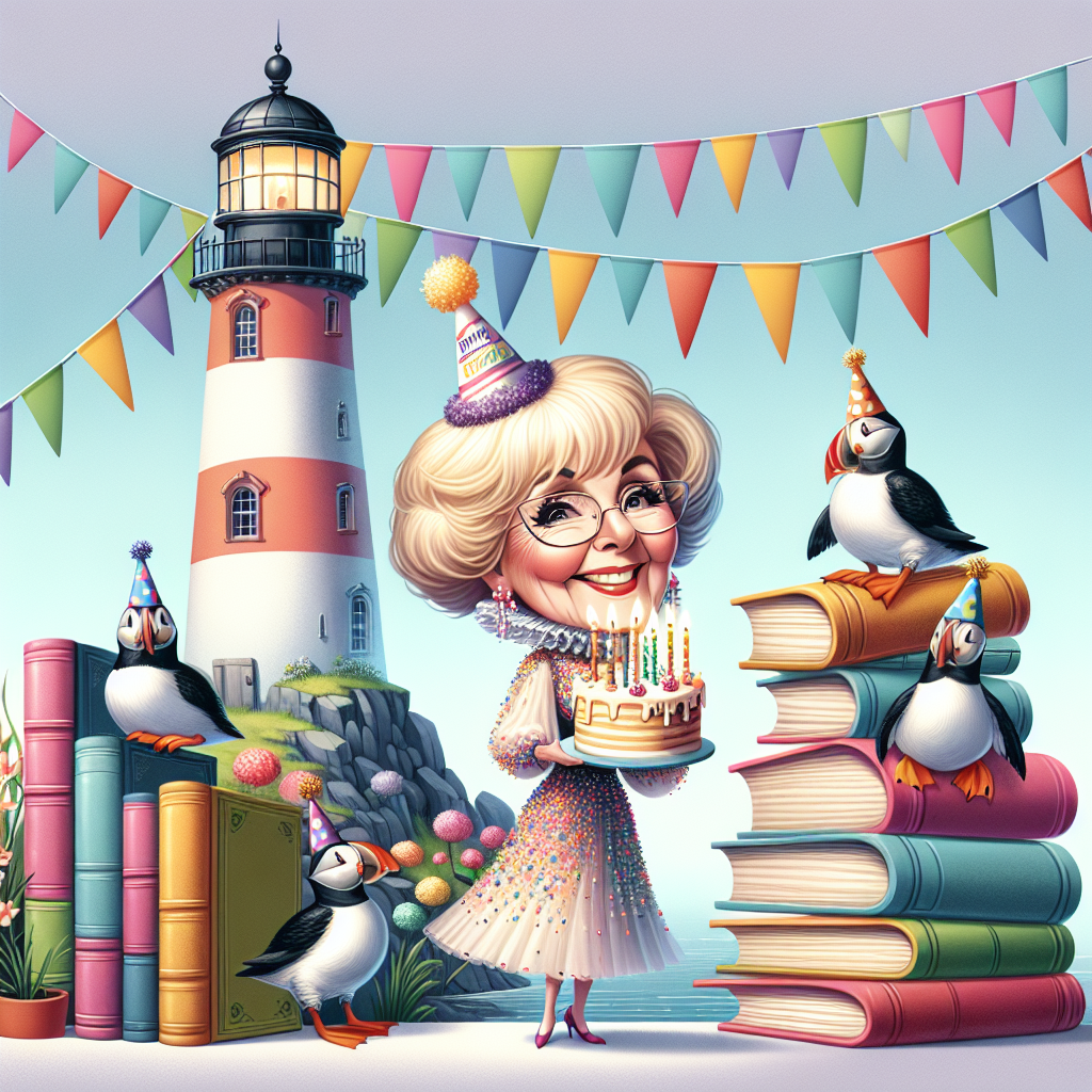 A delightful birthday illustration features a tranquil pastel background. At the center of the scene is a whimsical lighthouse embellished with bunting flags. A caricatured woman with blonde hair, wearing a stage performer's outfit, holds a birthday cake beside a pile of colorful, hardcover books. On the lighthouse's multiple tiers and the books are puffins wearing party hats, adding a charming and playful touch, enhancing the festive environment.
Generated with these themes: Taylor swift, Puffins, Books , and Lighthouse.
Made with ❤️ by AI.