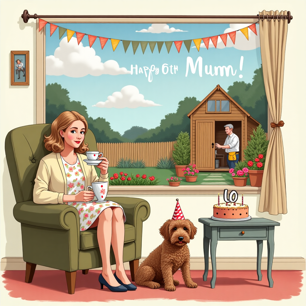 On the front cover of this delightful birthday card, an imaginative scene unfolds, perfectly weaving together the unique elements requested. At the center of the illustration, a white woman with light brown hair sits comfortably in a quaint, vintage armchair. She is casually dressed in a cozy pastel-colored cardigan and sipping a steaming cup of tea from a delicate floral-patterned teacup, embodying an aura of relaxation and contentment. By her feet, her loyal brown cockapoo dog, with its curly coat and mischievous eyes, sits attentively, wearing a tiny party hat tilted playfully to one side.

To the right, the window offers a picturesque view of the backyard, where her husband is seen bustling away in his charming wooden shed. The shed is adorned with tools and small potted plants, a testament to his dedication and handiwork. He's humorously wearing a tool belt and safety goggles, deeply engrossed in his craft, adding a touch of whimsy to the scene.

Above, in the sky visible through the window, fluffy clouds whimsically spell out "Happy 60th Mum!" as if painted by an invisible hand. To reinforce the celebratory theme, a colorful birthday banner is draped across the top of the window inside the room, also reading "Mum" in bold, playful letters. On the coffee table next to the armchair, a birthday cake sits with "60" candles atop, further emphasizing the occasion.

The overall scene is richly detailed, drawing inspiration from the storytelling elements of Norman Rockwell and Beatrix Potter, with a splash of Quentin Blake's whimsy. Each detail, from the vintage armchair to the shed, invites the viewer to explore the narrative and celebrate this milestone birthday.
Generated with these themes: White woman with light brown hair sitting drinking tea with a brown cockapoo dog sitting by her feet. In the background, out of a window is her husband working in his shed. Please add "Happy 60th Mum!" to the top of the card.
Made with ❤️ by AI.