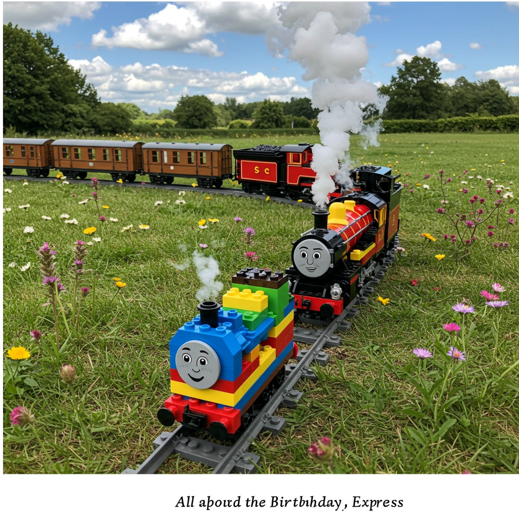 Lego trains, steam trains, outdoors, and Birthday Card