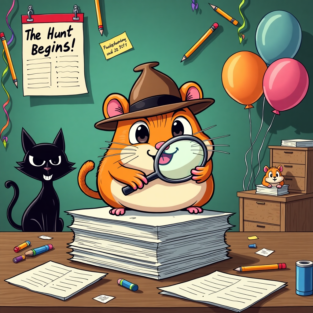 In the center of a vibrant cartoon scene, we find a mischievous, wide-eyed hamster with a comically oversized detective hat perched on its tiny head, reminiscent of a classic noir sleuth. This hamster, humorously named "Inspector Nibbles," is poised atop a stack of paperwork, clutching a magnifying glass in one paw and a tiny DOI form in the other. Its cheeks are puffed in exaggerated determination as it peers through the glass, searching for clues on a chaotic desktop. 

Scattered around the desk are colorful party decorations — streamers hang like jungle vines, and balloons of every hue bob gently, adding a festive flair. Among the paperwork, there are comically large pencils and erasers, as if drawn from a Peanuts comic strip, indicating a recent birthday party turned paperwork disaster. Nearby, a calendar pinned to the wall humorously marks the current date as "The Hunt Begins!" in bold, playful lettering, a nod to the whimsical threat, "send me your DOI form or I'll hunt you down, bitch."

In the background, a cheeky cast of anthropomorphic animals reminiscent of Disney's most charming side characters peek from behind filing cabinets and gift-wrapped boxes, their expressions a mix of curiosity and playful apprehension. To the left, a slinky black cat with a fedora — perhaps a nod to Eisner’s Spirit — slinks away with a sly grin, a post-it note cheekily stuck to its tail that reads "Happy Birthday!"

The entire scene is set against a backdrop that merges the vintage elegance of a noir detective's office with the lively chaos of a child's birthday party, inspired by the dynamic panels of a Watterson strip. The floor is a checkerboard pattern, adding a touch of comic drama to the whimsical chaos. This fusion of birthday cheer and detective drama creates a humorous, visually engaging tableau that promises laughter as much as celebration.
Generated with these themes: "send me your DOI form or I'll hunt you down bitch"..
Made with ❤️ by AI.