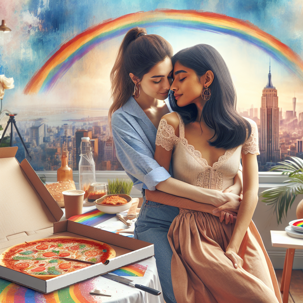 Create a heartwarming image of a South Asian woman and a Hispanic woman, both deeply in love, embracing each other on a rooftop with breathtaking city views. There's a beautiful rainbow in the horizon, symbolising pride and diversity. In their proximity, there's an open pizza box, indicating a shared meal and the comfort derived from it. The surrounding décor is decorated with splashes of vibrant colors from the rainbow, to reflect the lesbian identity they proudly own.
Generated with these themes: Lesbians, Pizza, and Rainbow.
Made with ❤️ by AI.