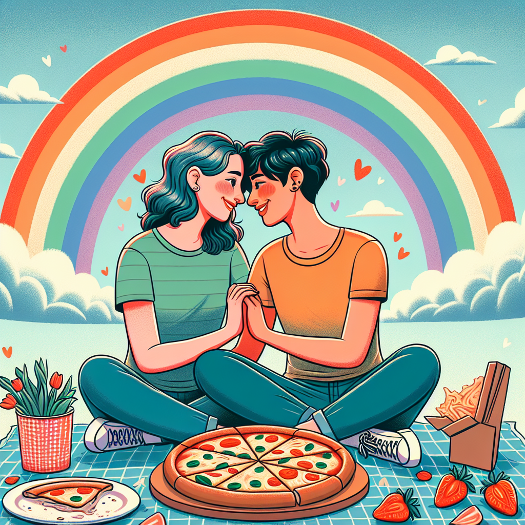 Create an image that illustrates an anniversary celebration with a heartwarming scene of a Caucasian and Hispanic lesbian couple sharing an intimate moment on a picnic blanket. The couple is surrounded by remnants of a half-eaten pizza. The couple exchanges loving gazes that capture their happiness and love. Above them, the sky transitions to form a beautiful rainbow, a symbol of LGBTQ+ pride and their joy in celebrating their anniversary.
Generated with these themes: Lesbians, Pizza, and Rainbow.
Made with ❤️ by AI.