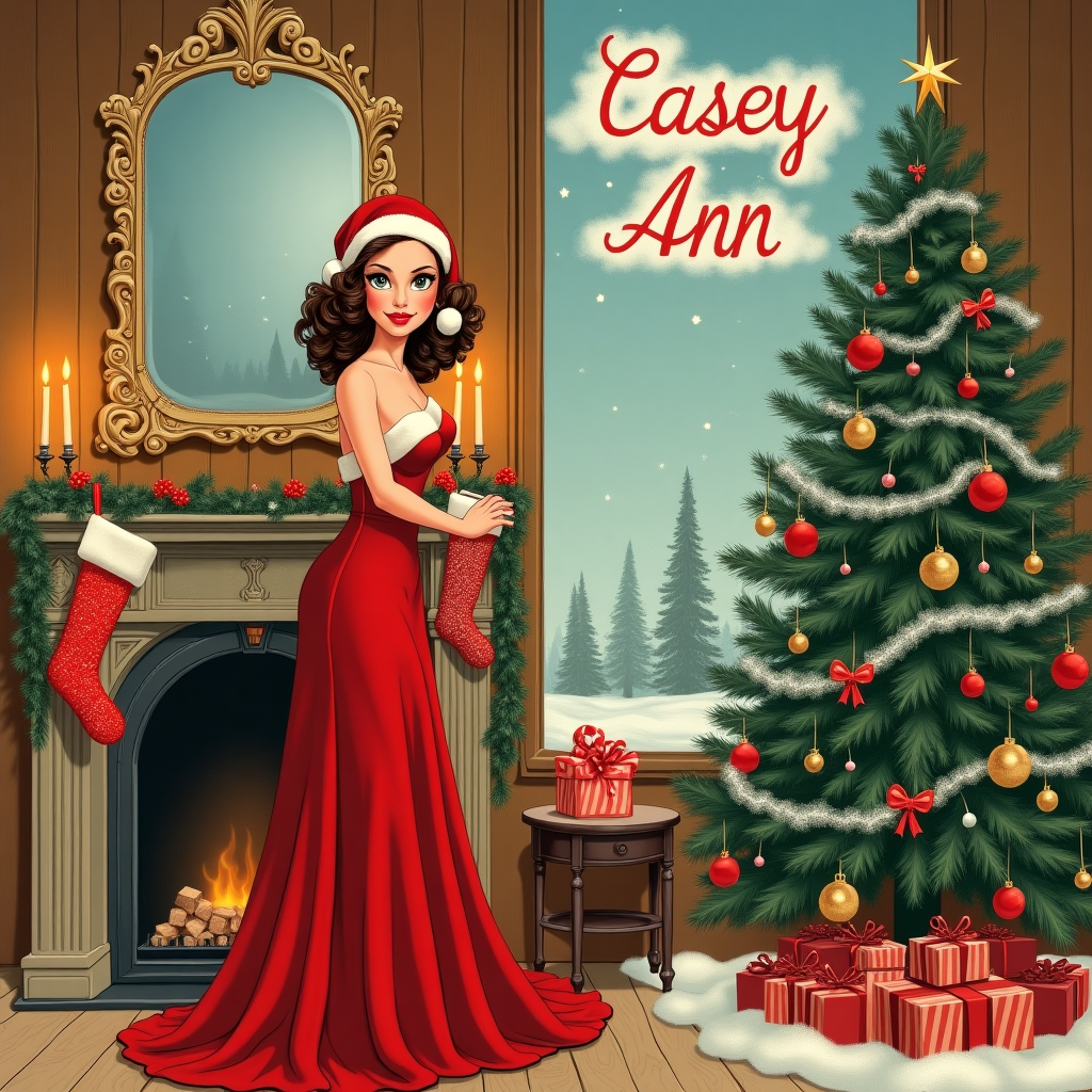 In the foreground of the card, a vintage pinup-inspired Santa's helper strikes a classic pose reminiscent of 1940s glamor, with a wink and a playful tilt of her Santa hat. She stands beside an old-fashioned wood-paneled fireplace, adorned with stockings and sprigs of holly, echoing a Norman Rockwell setting. Her red velvet outfit glimmers under the soft glow of flickering candlelight from the mantel. Above her, a large, ornate mirror reflects the cozy room, its frame intricately designed in the style of Aubrey Beardsley, with swirling ivy and snowflakes etched in gold. Beside her, a small table holds an elegantly wrapped gift with a large, delicate bow, reminiscent of Beatrix Potter's tender details. In the background, a beautifully decorated Christmas tree towers, its branches laden with vintage baubles and tinsel that shimmers in the light. The tree is placed in a corner of the room, echoing the whimsical charm of Maurice Sendak's work. The window behind the tree offers a glimpse of a serene, snowy landscape, illustrated in the dreamy hues of Maxfield Parrish, with a soft blue sky and distant pine trees. Above the window, spelled out in whimsical Edward Gorey-style script clouds, are the words "Casey Ann," seamlessly integrated into the wintery sky, ensuring her name twinkles with festive cheer.
Generated with these themes: Vintage pinup christmas.
Made with ❤️ by AI.
