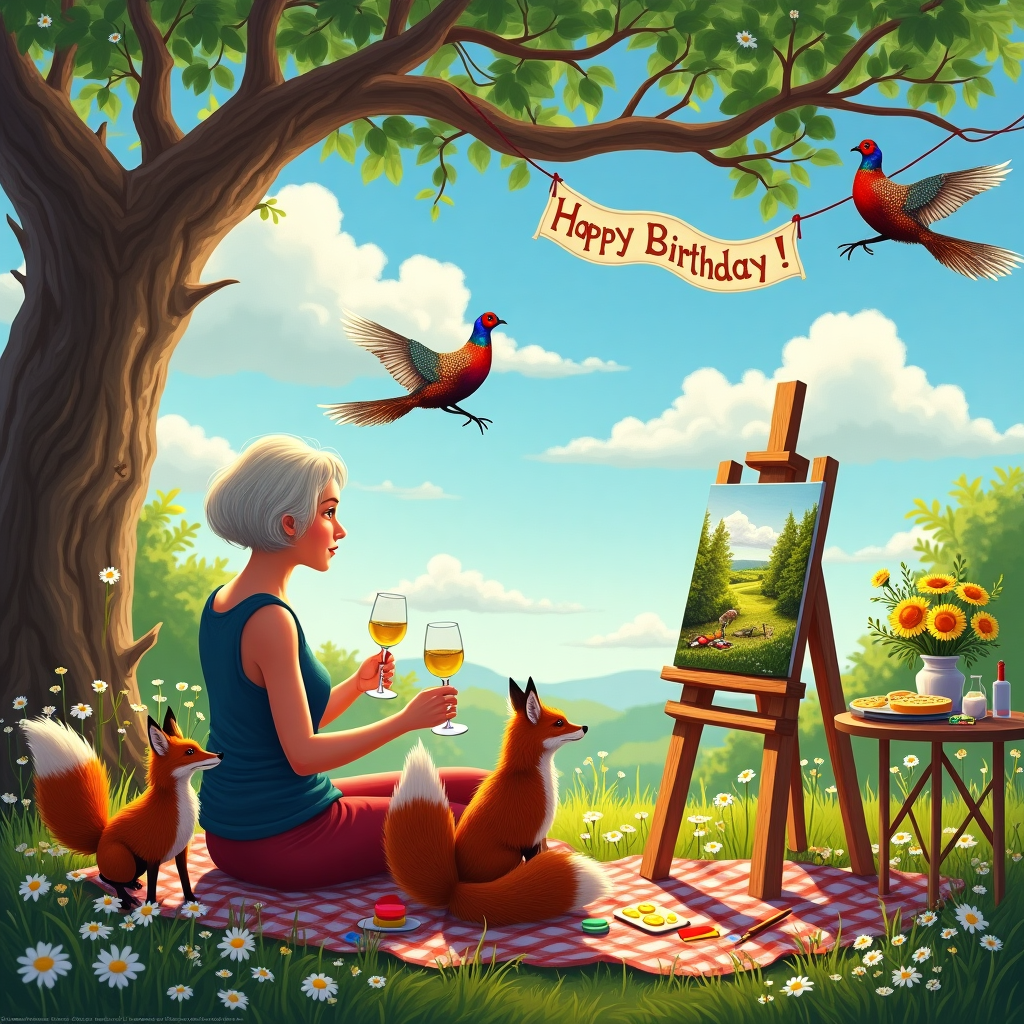 Older lady, Short fair hair, White  wine drinker, Artist, Foxes, and Phesants Birthday Card